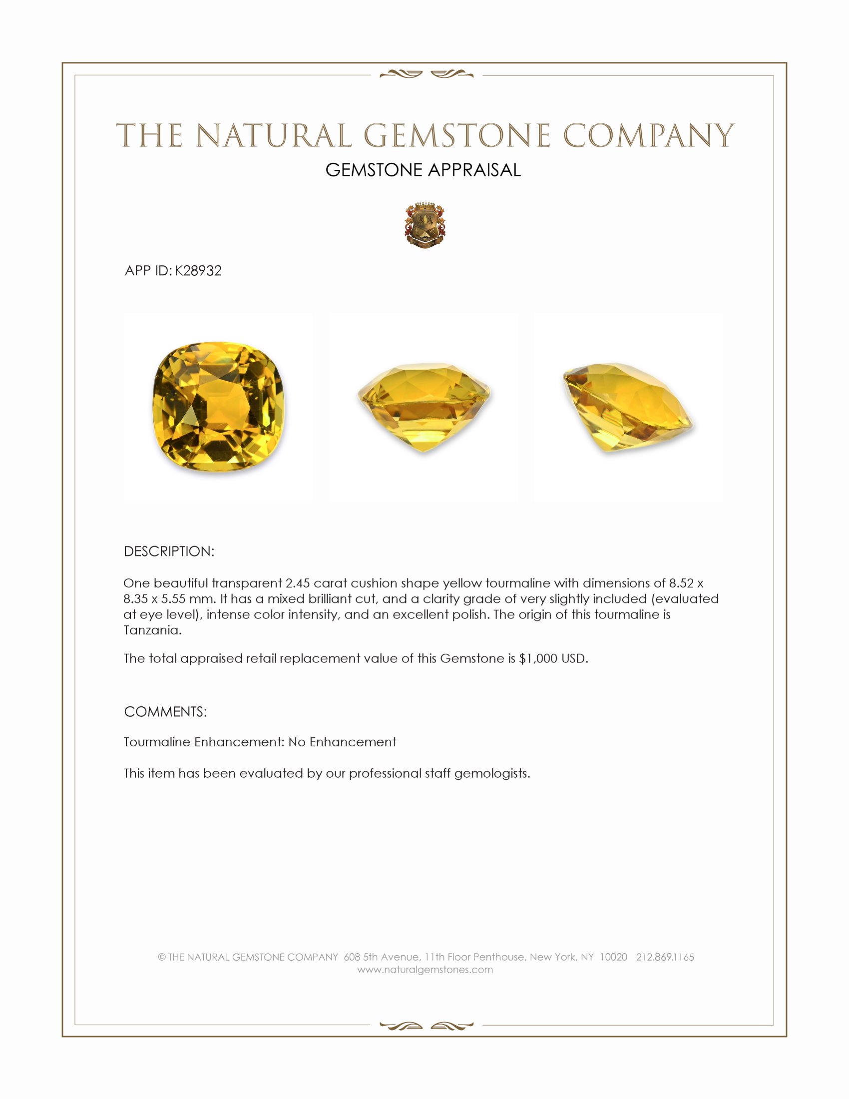 2.45 Ct. Yellow Tourmaline from Tanzania