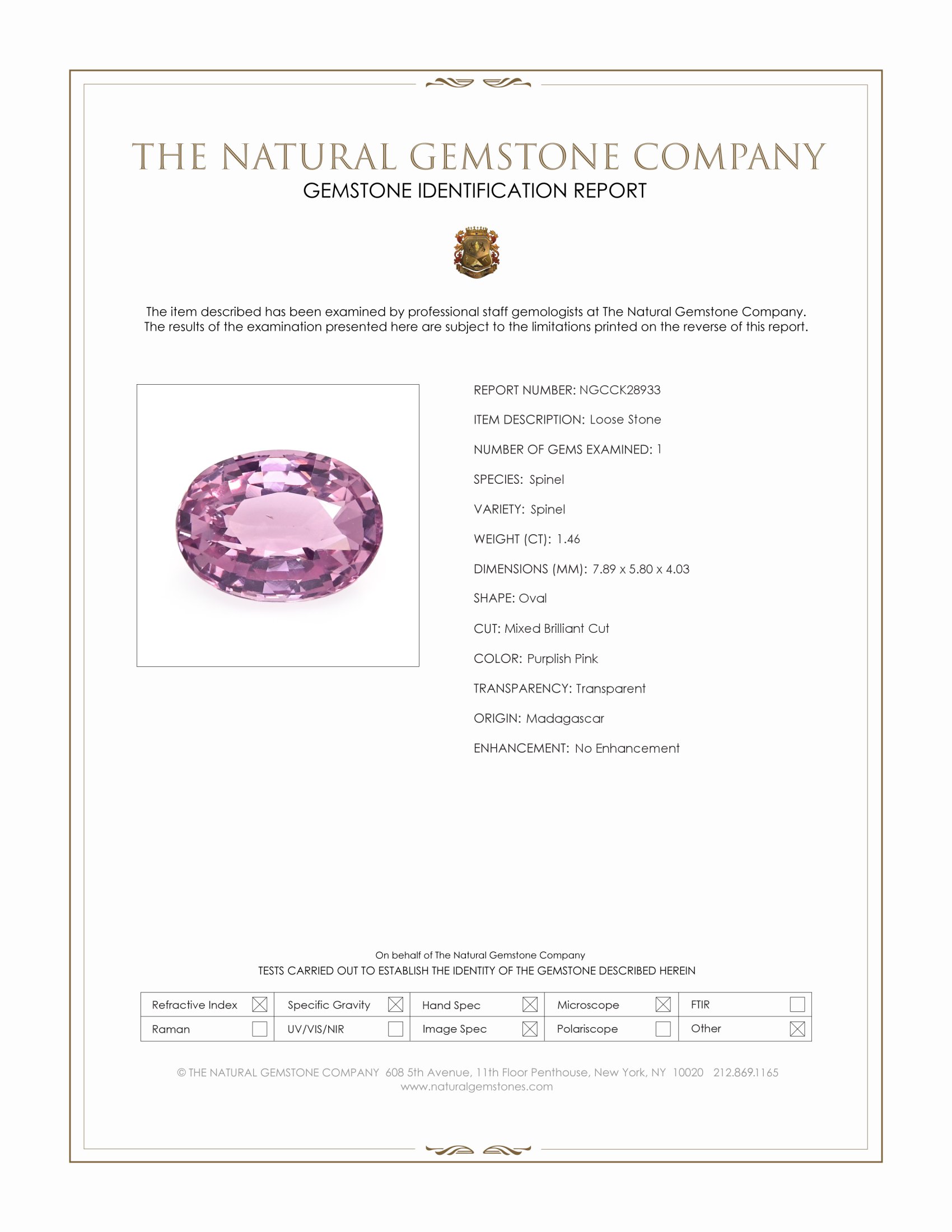 1.46 Ct. Purplish Pink Spinel from Madagascar