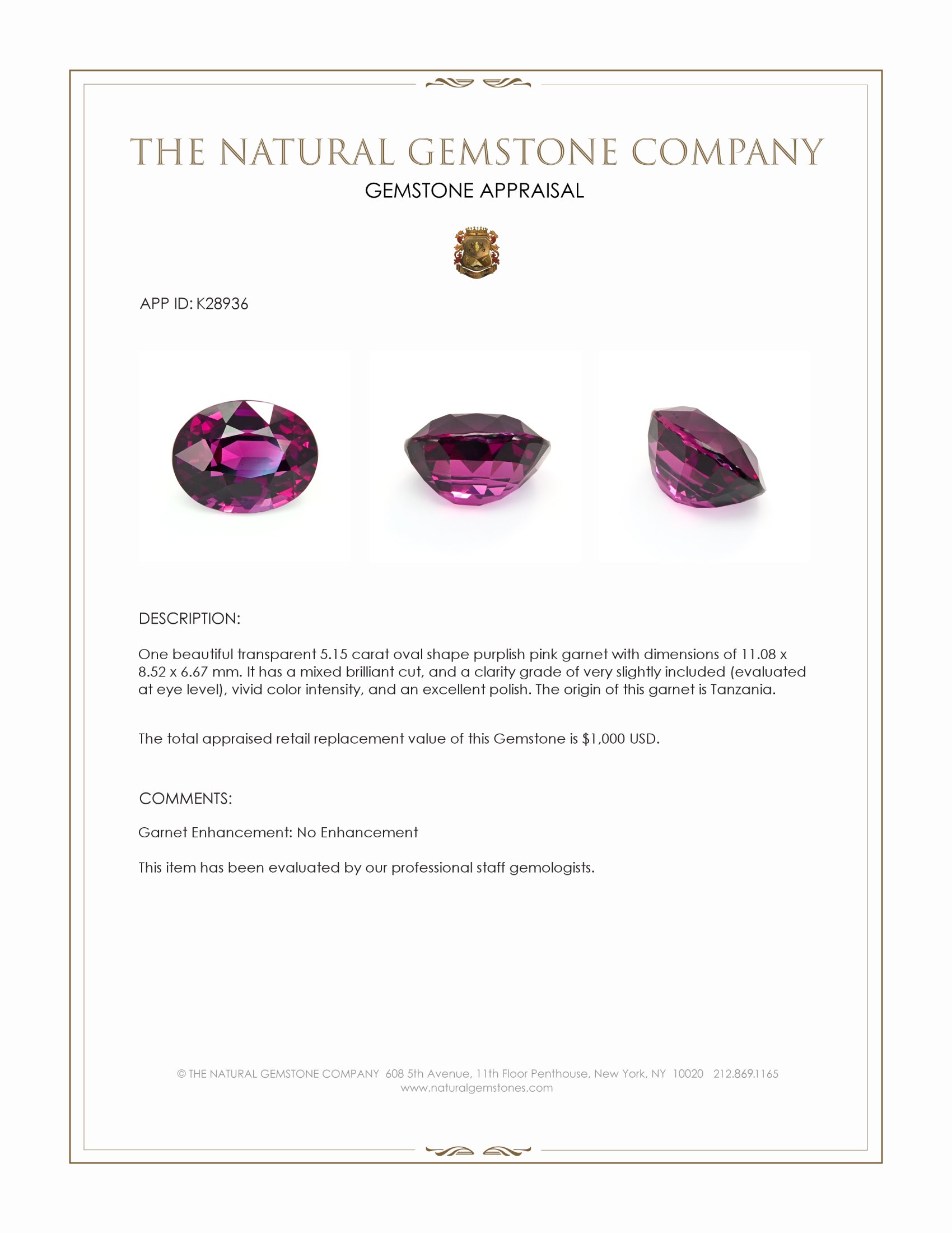 5.15 Ct. Purplish Pink Garnet from Tanzania