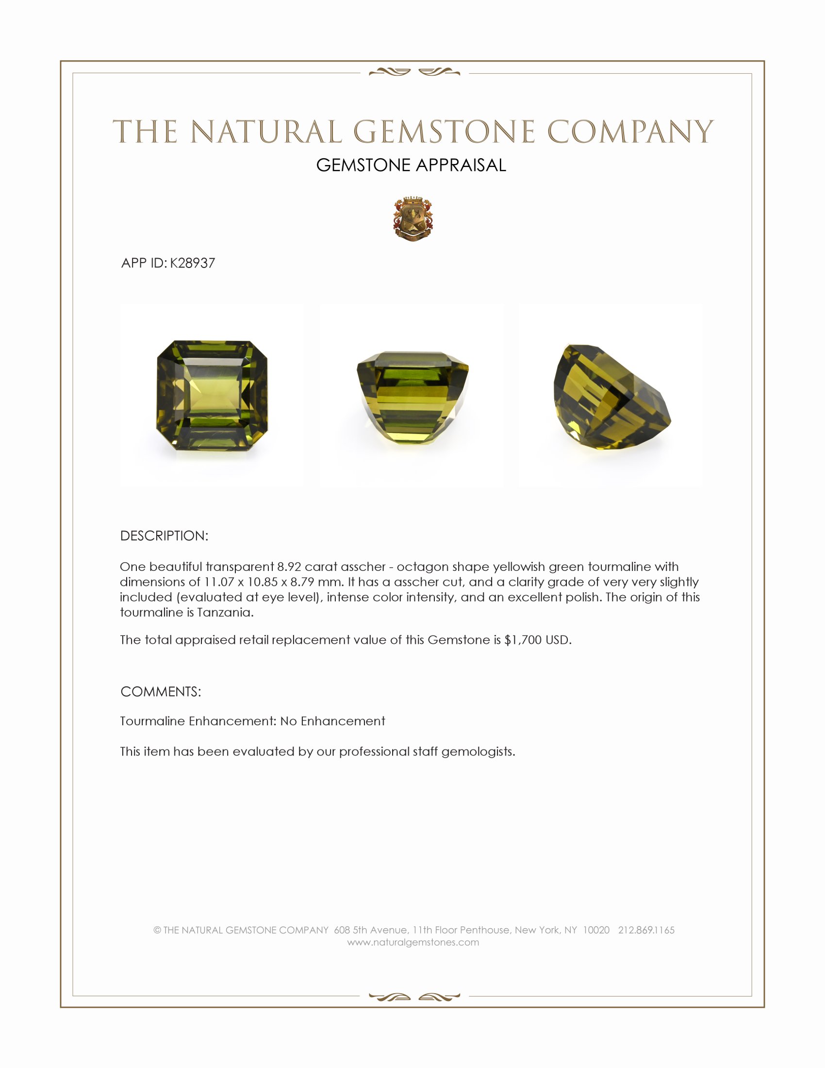 8.92 Ct. Yellowish Green Tourmaline from Tanzania