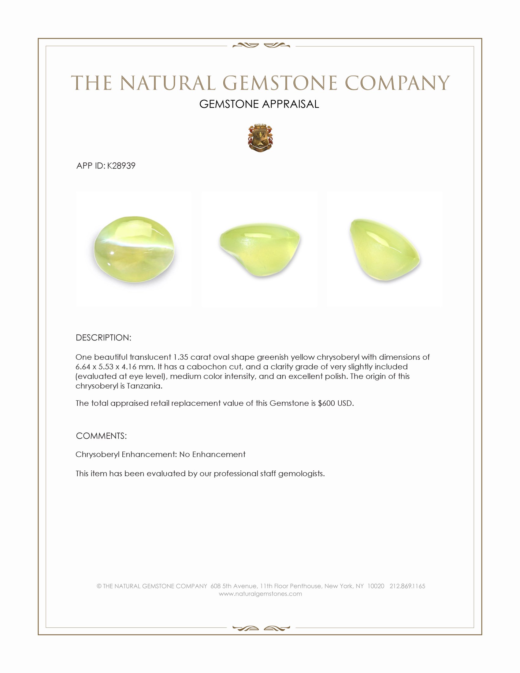 1.35 Ct. Greenish Yellow Cabochon Chrysoberyl from Tanzania