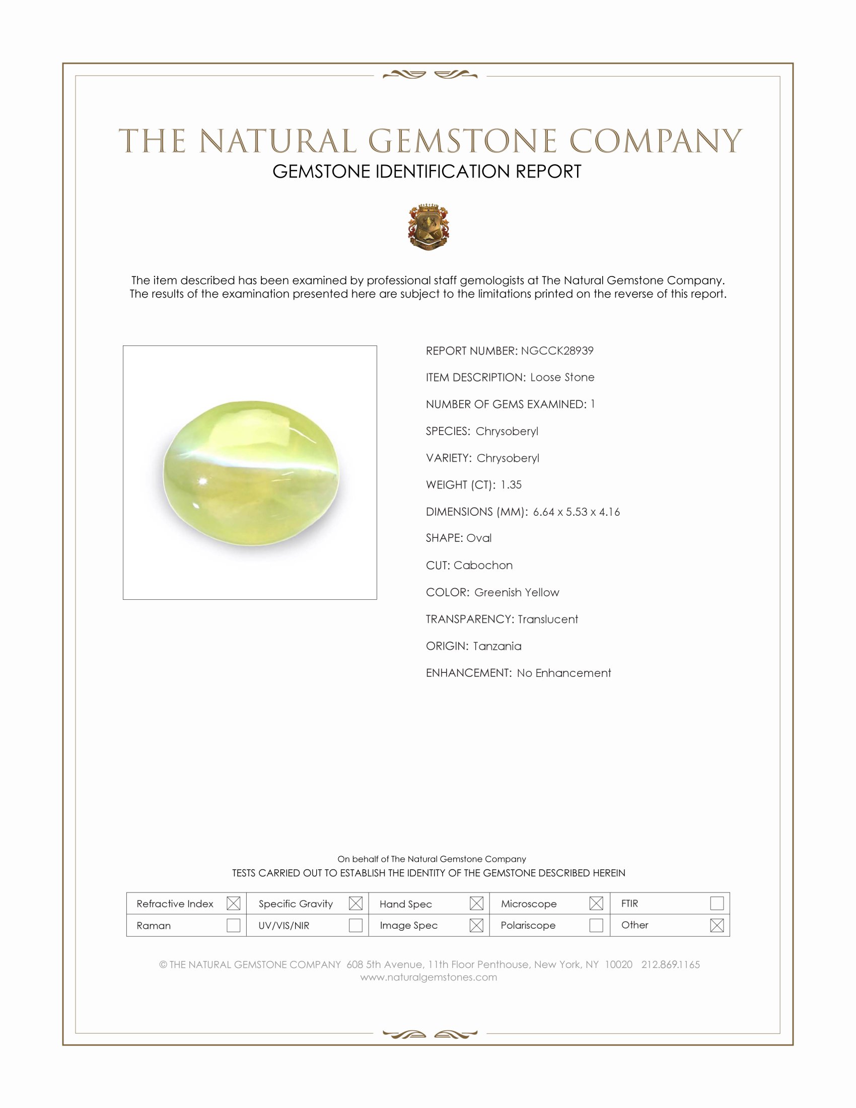 1.35 Ct. Greenish Yellow Cabochon Chrysoberyl from Tanzania