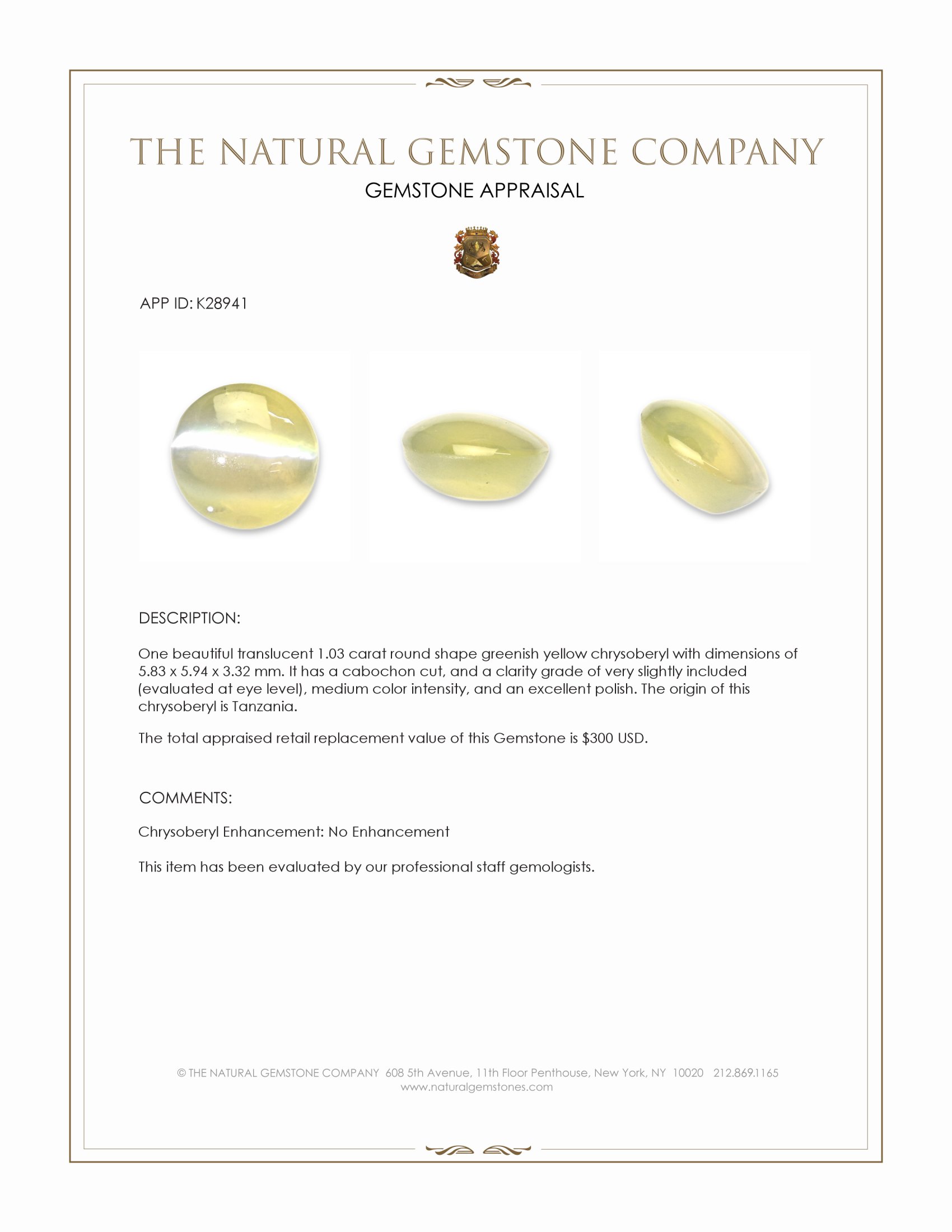 1.03 Ct. Greenish Yellow Cabochon Chrysoberyl from Tanzania