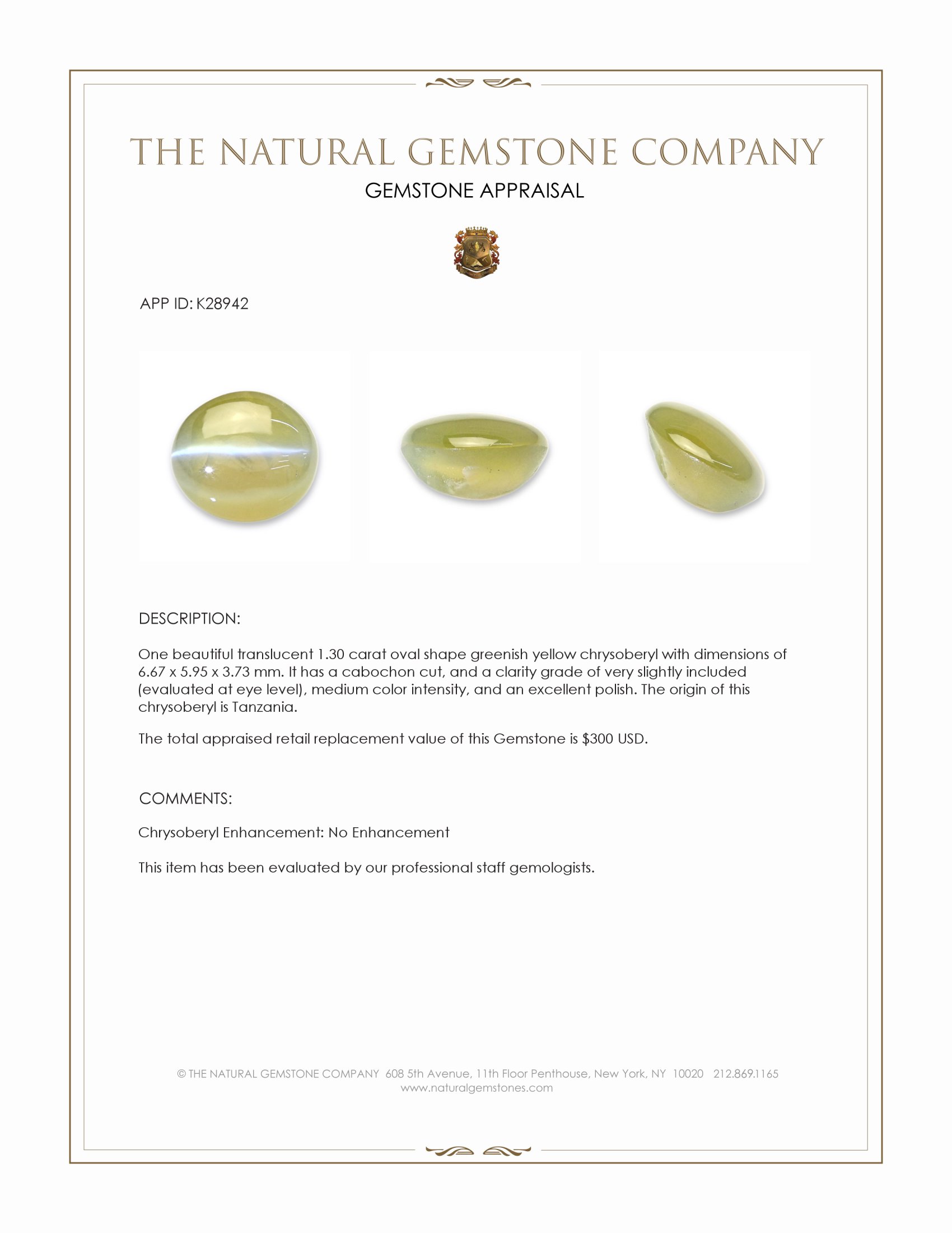 1.30 Ct. Greenish Yellow Cabochon Chrysoberyl from Tanzania