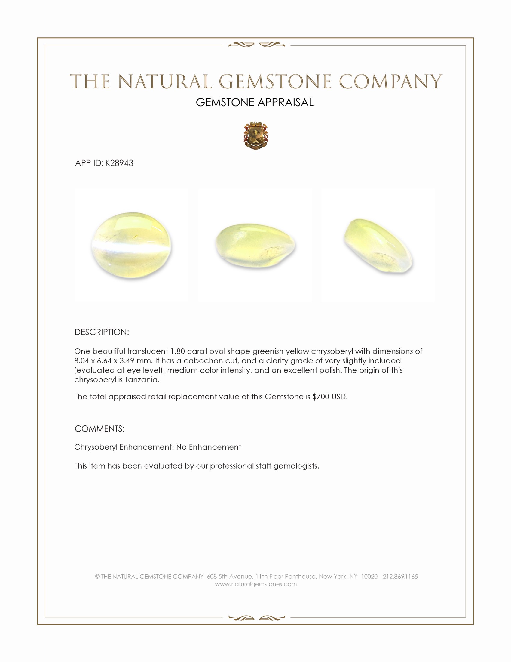 1.80 Ct. Greenish Yellow Cabochon Chrysoberyl from Tanzania
