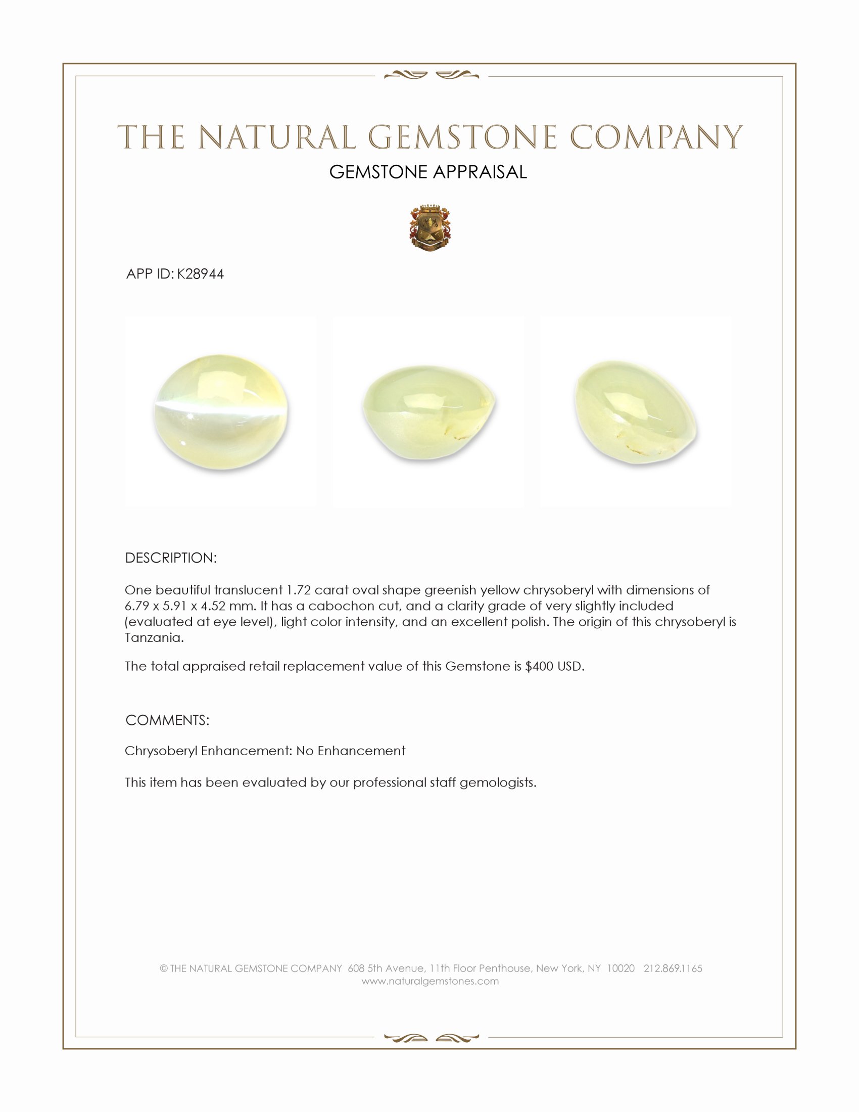 1.72 Ct. Greenish Yellow Cabochon Chrysoberyl from Tanzania