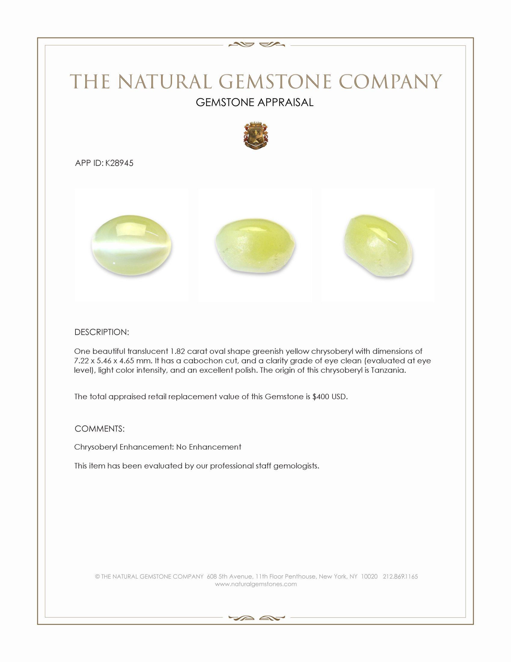 1.82 Ct. Greenish Yellow Cabochon Chrysoberyl from Tanzania