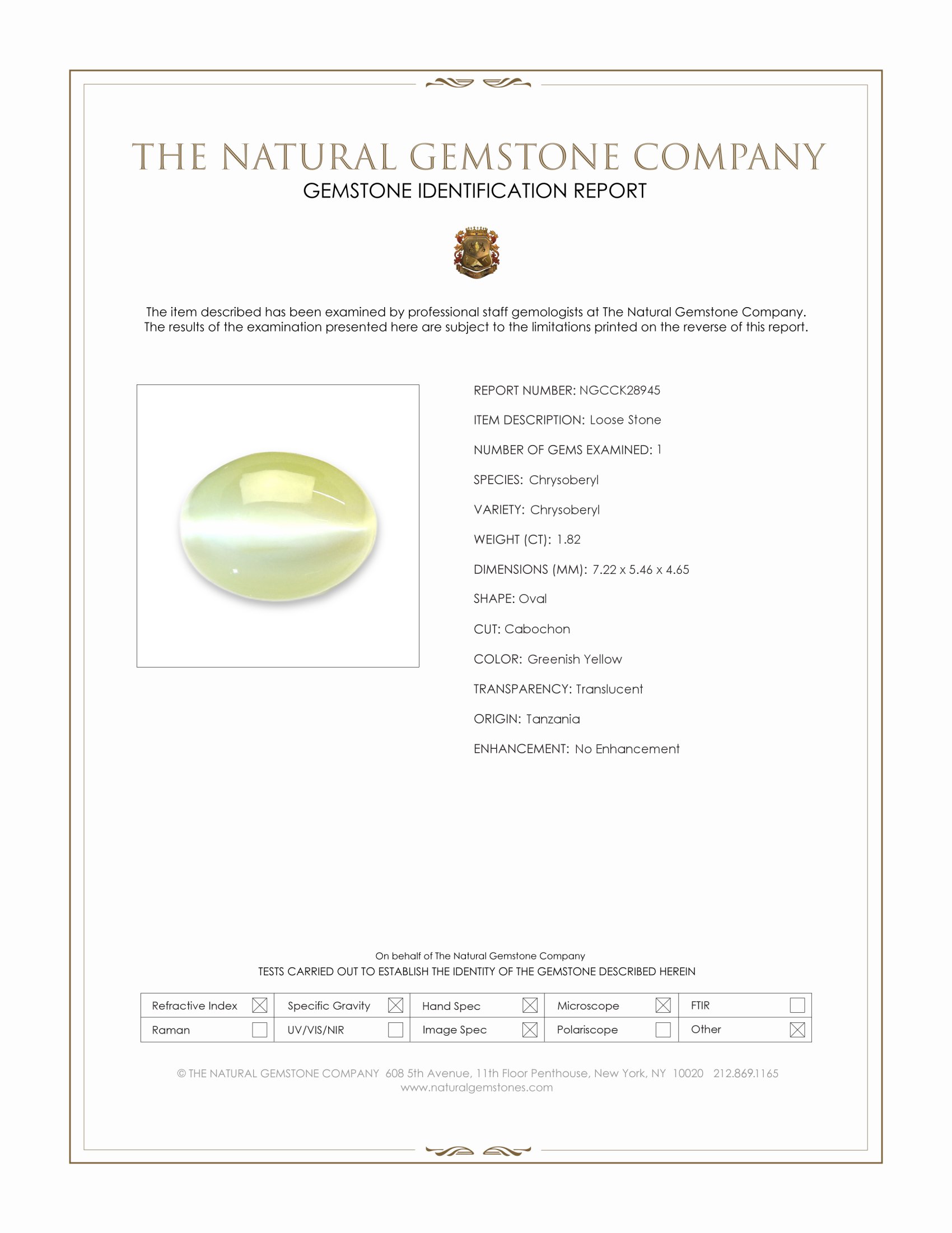 1.82 Ct. Greenish Yellow Cabochon Chrysoberyl from Tanzania