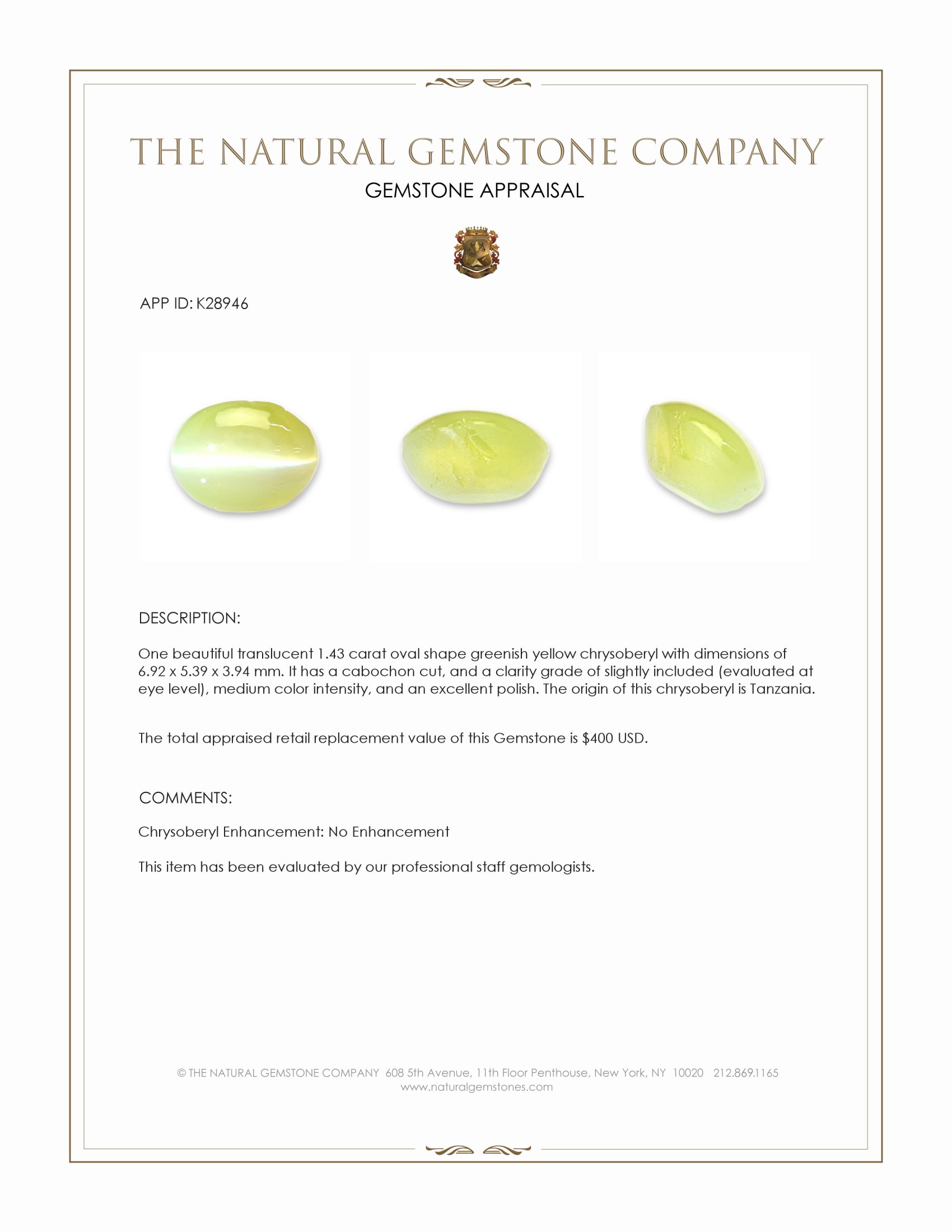 1.43 Ct. Greenish Yellow Cabochon Chrysoberyl from Tanzania