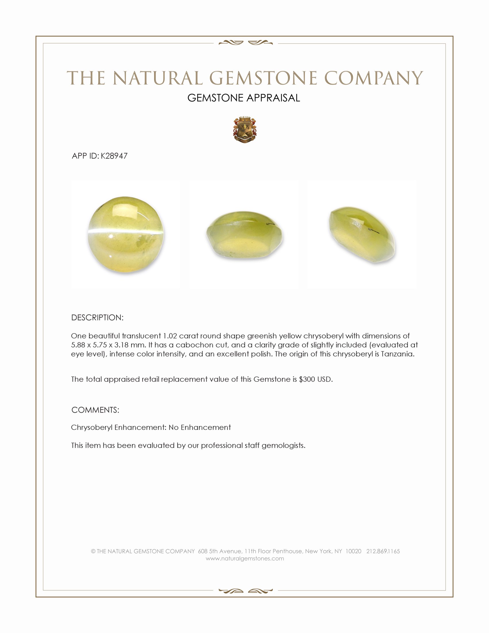 1.02 Ct. Greenish Yellow Cabochon Chrysoberyl from Tanzania