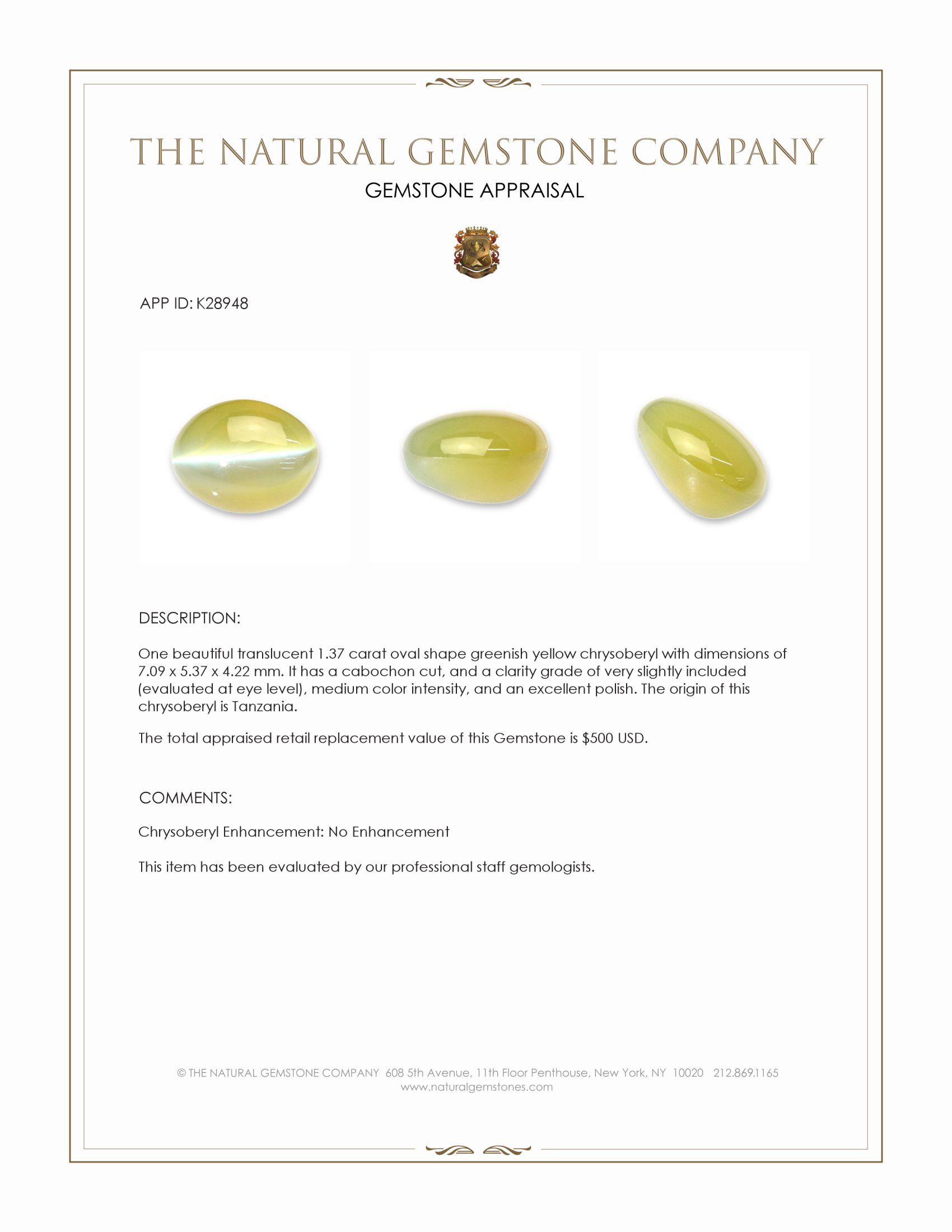 1.37 Ct. Greenish Yellow Cabochon Chrysoberyl from Tanzania