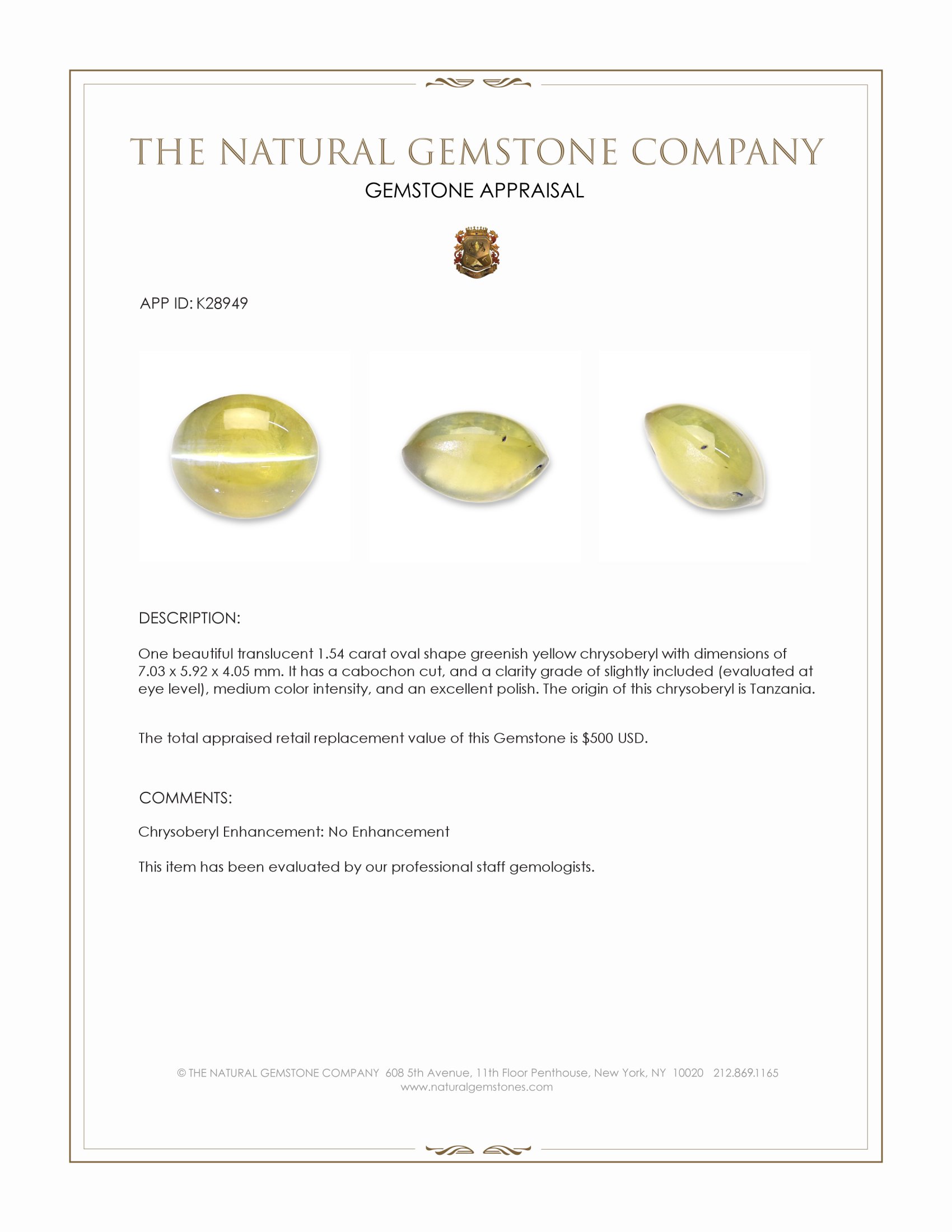 1.54 Ct. Greenish Yellow Cabochon Chrysoberyl from Tanzania