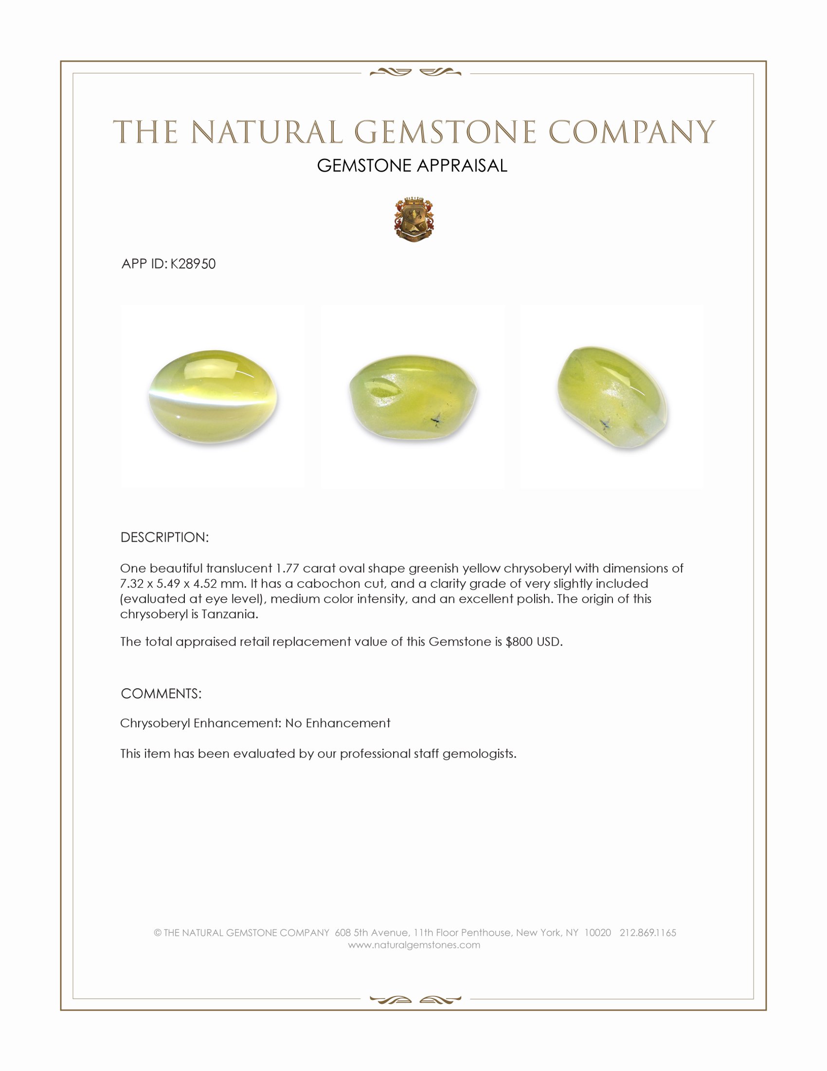 1.77 Ct. Greenish Yellow Cabochon Chrysoberyl from Tanzania