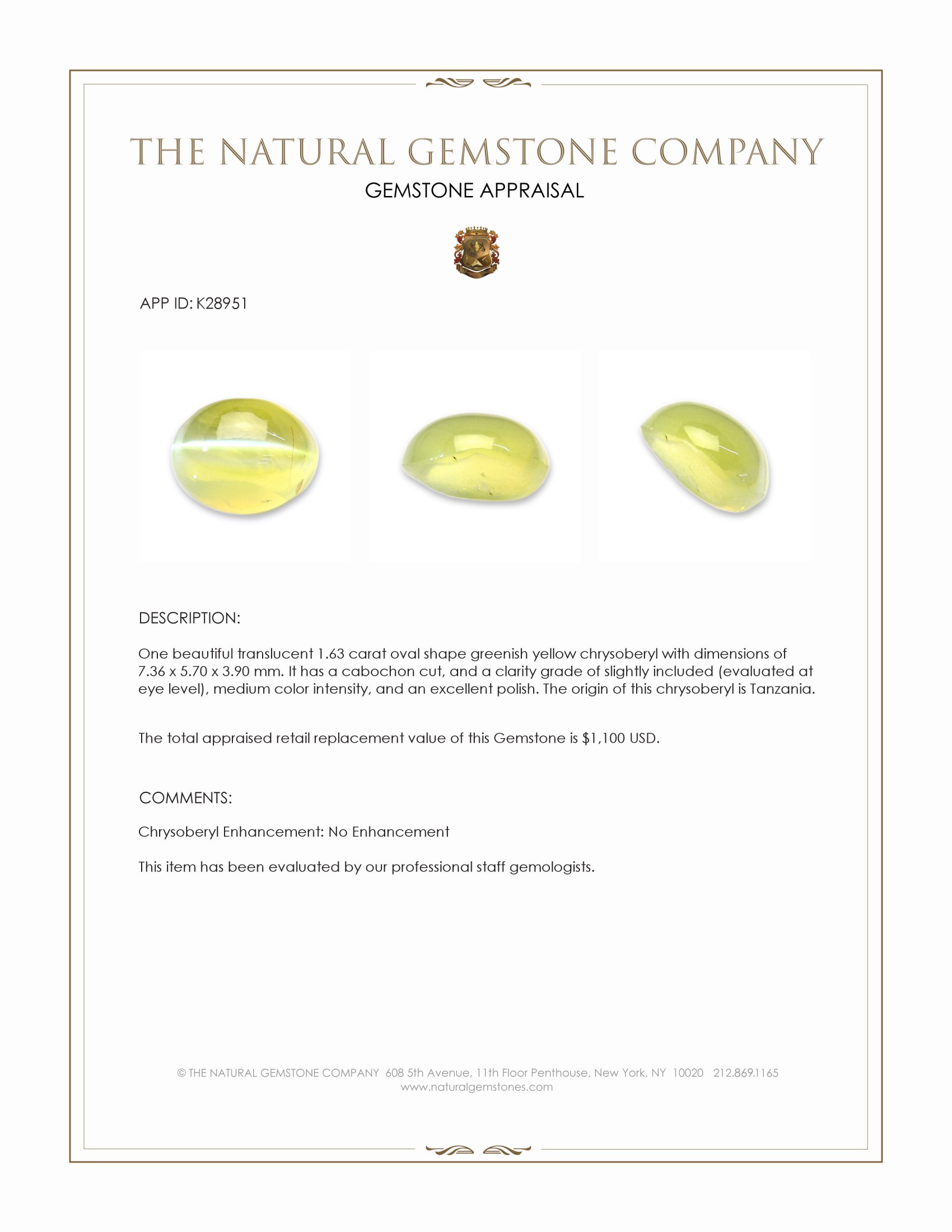 1.63 Ct. Greenish Yellow Cabochon Chrysoberyl from Tanzania