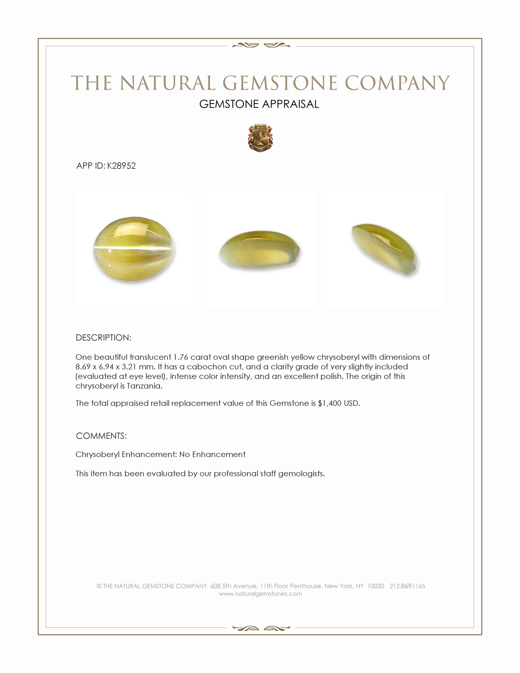 1.76 Ct. Greenish Yellow Cabochon Chrysoberyl from Tanzania