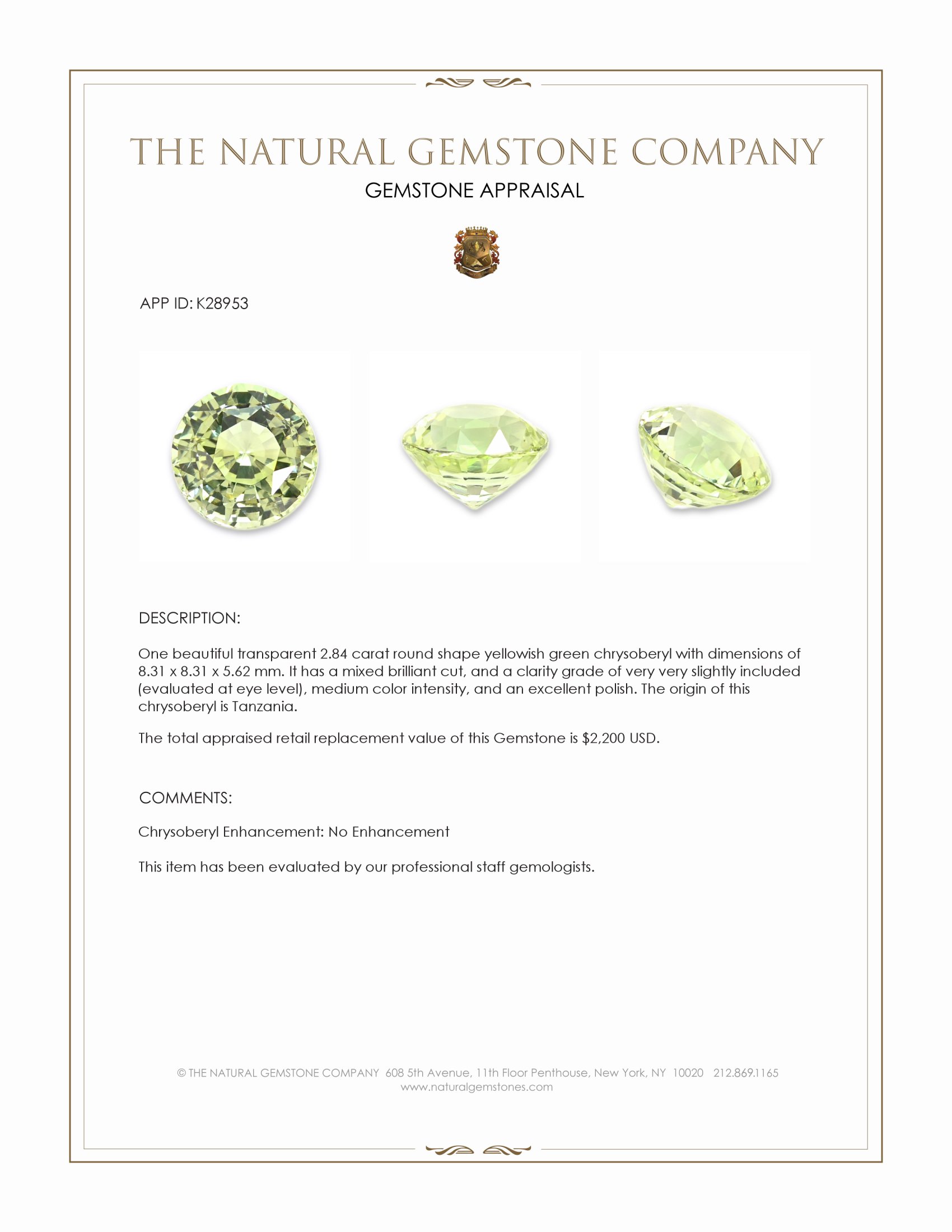 2.84 Ct. Yellowish Green Chrysoberyl from Tanzania