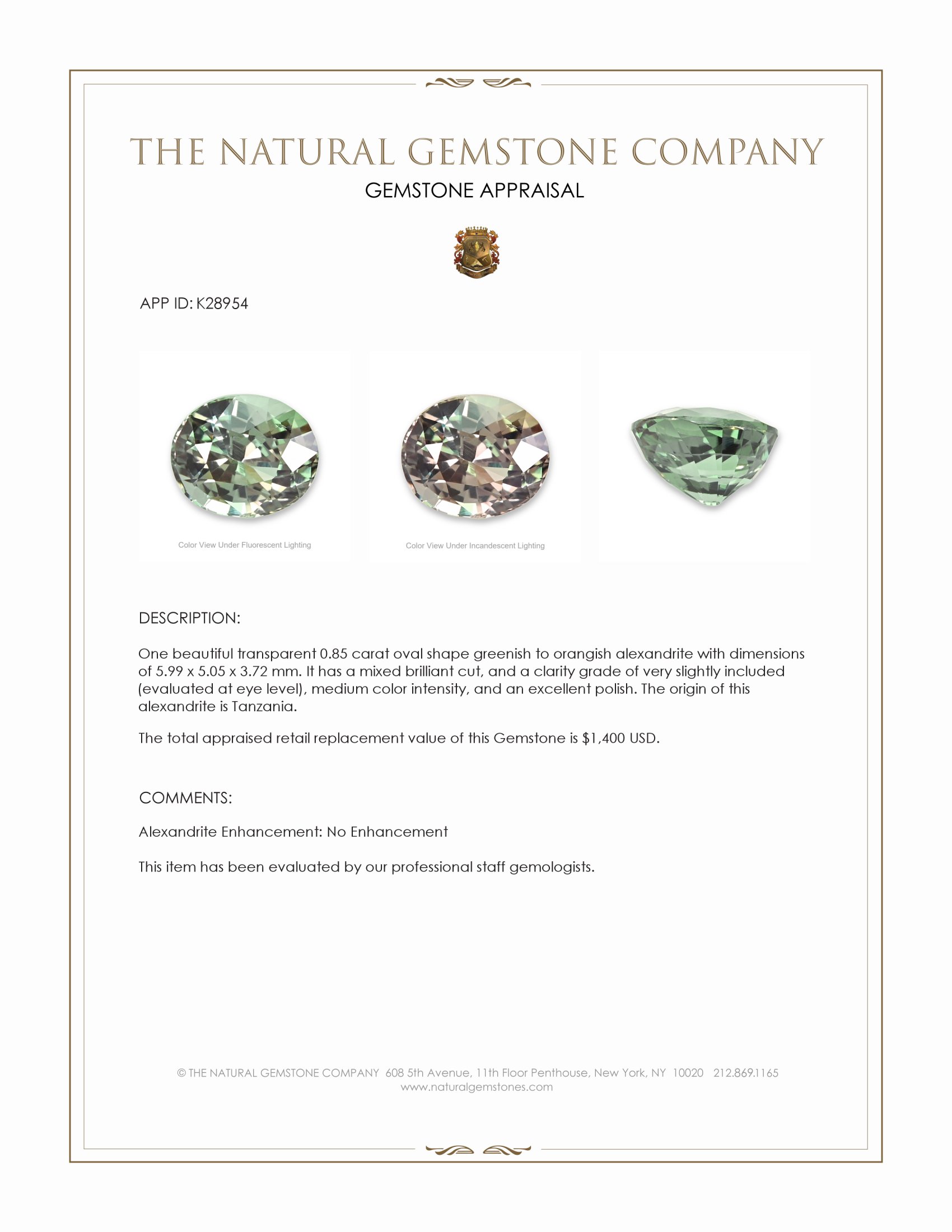 0.85 Ct. Alexandrite from Tanzania