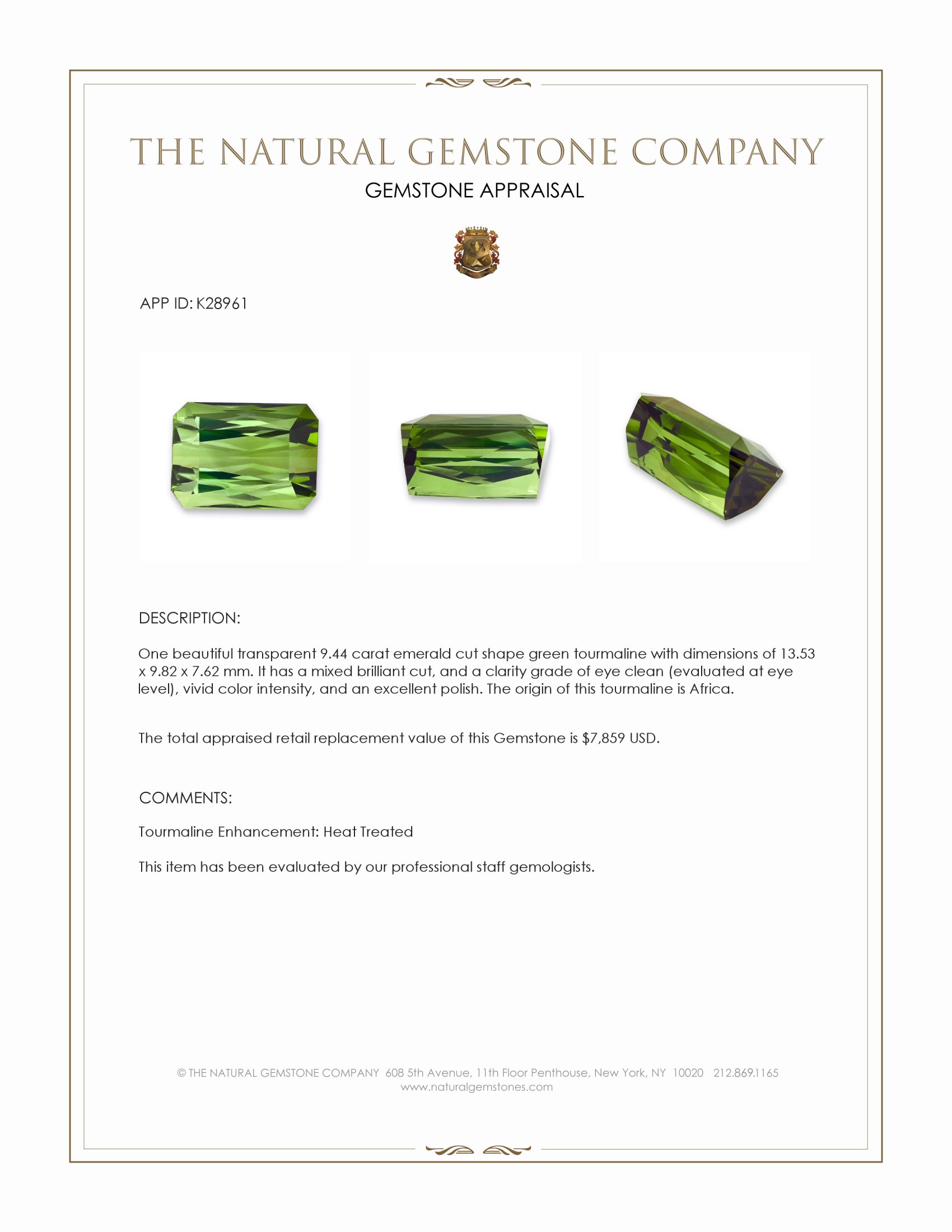 9.44 Ct. Green Tourmaline from Africa