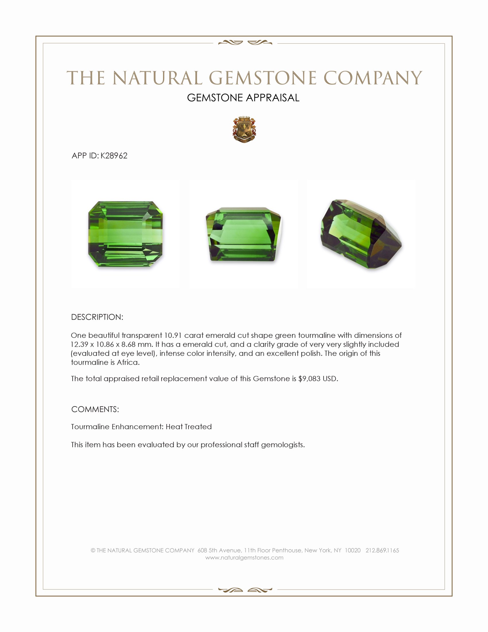 10.91 Ct. Green Tourmaline from Africa