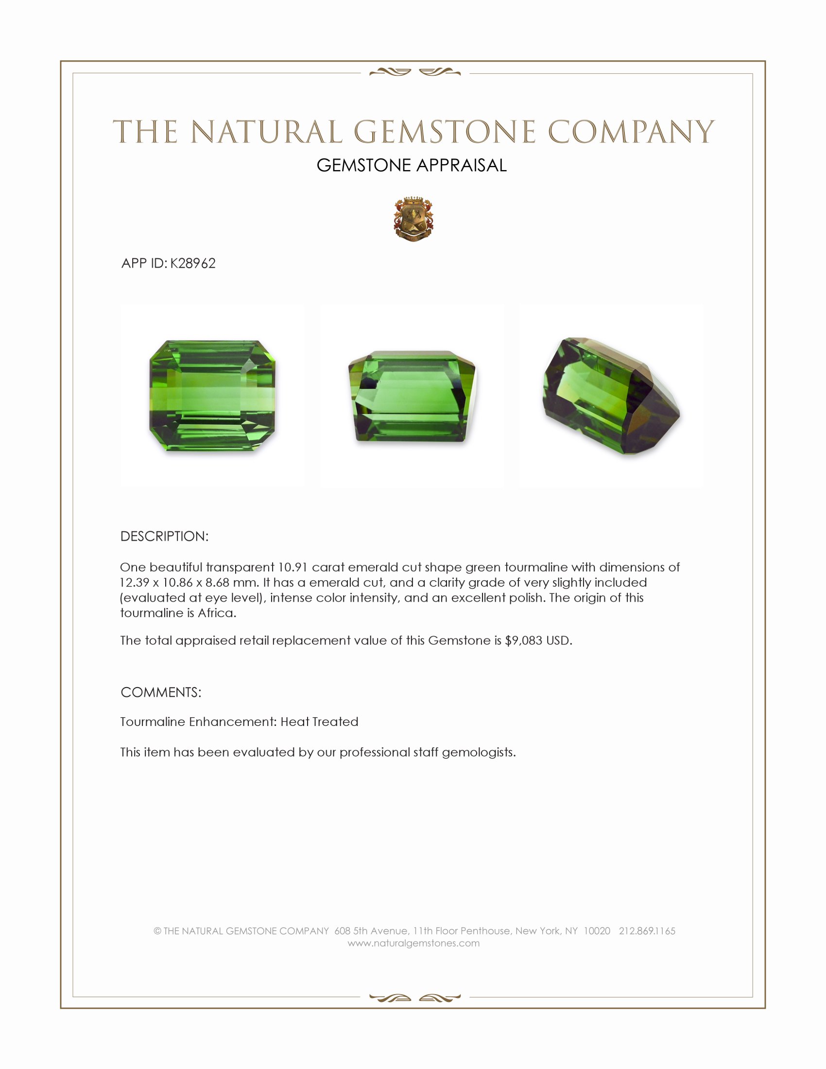10.91 Ct. Green Tourmaline from Africa