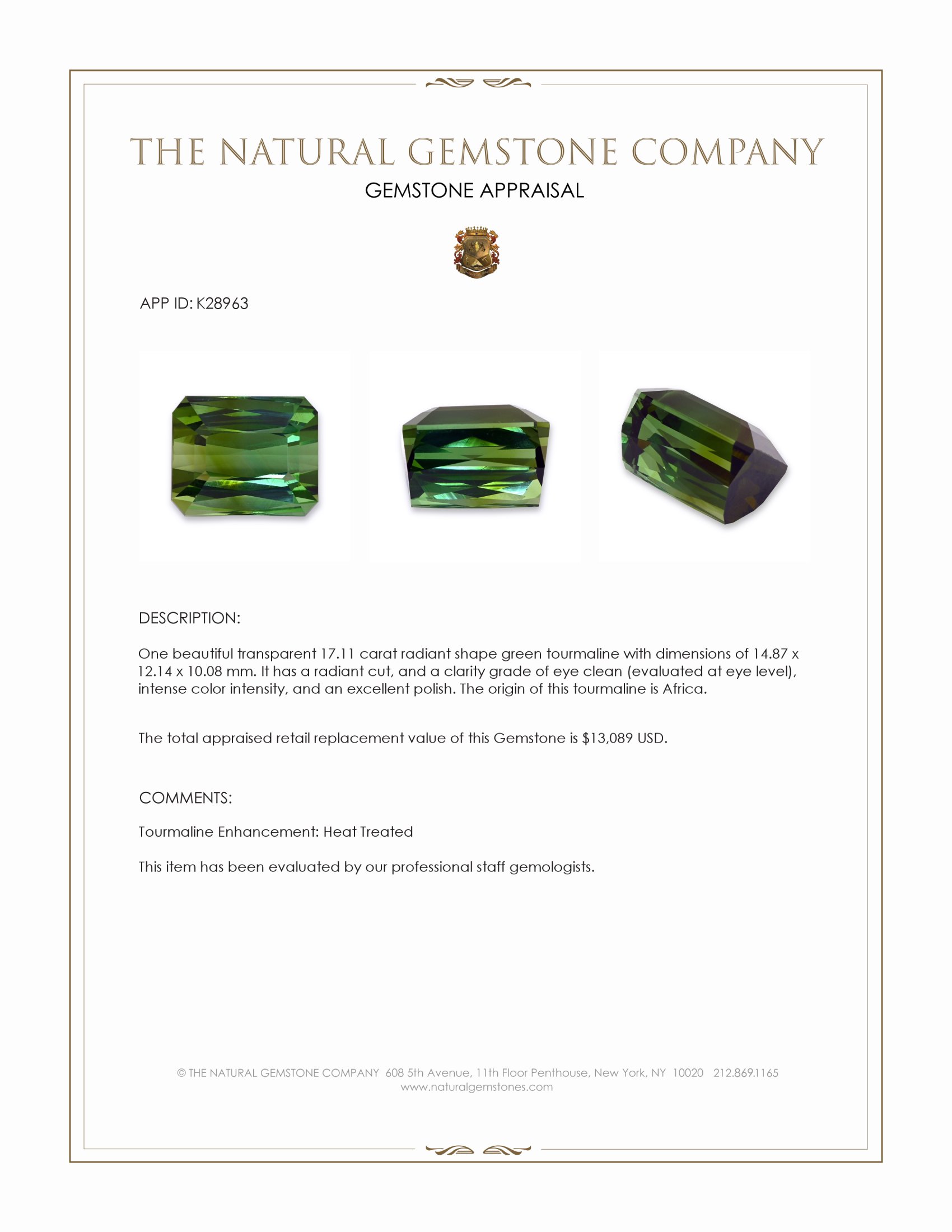 17.11 Ct. Green Tourmaline from Africa