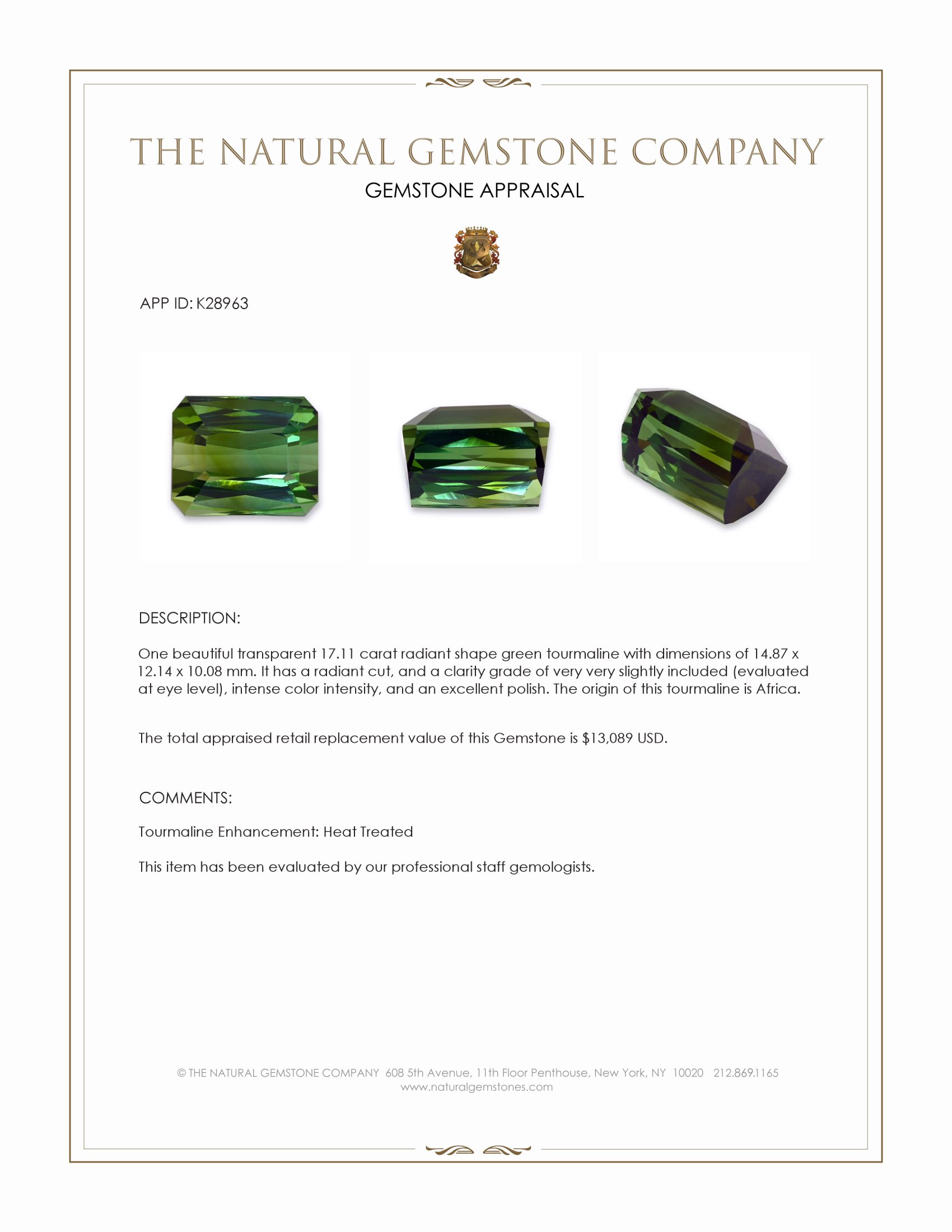 17.11 Ct. Green Tourmaline from Africa