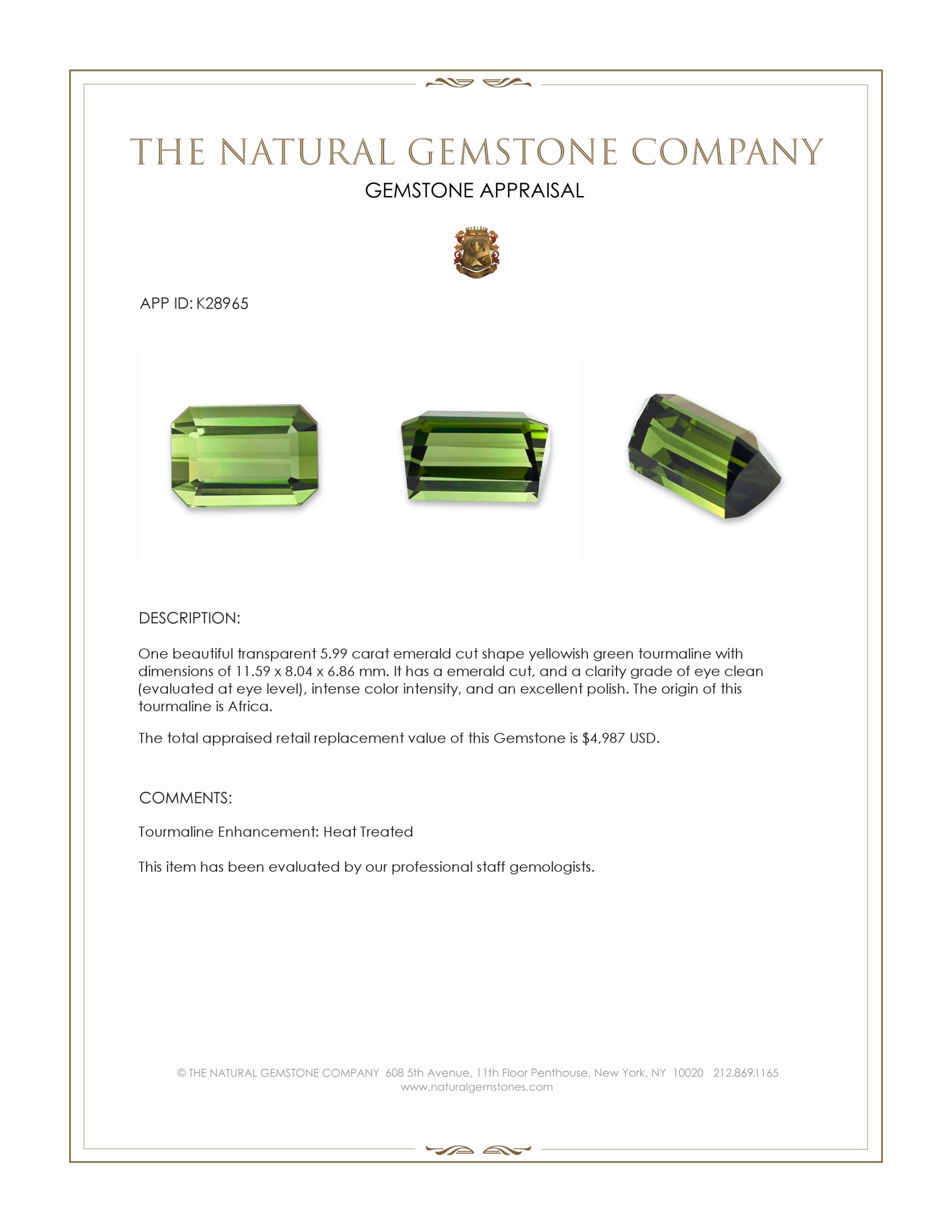 5.99 Ct. Yellowish Green Tourmaline from Africa