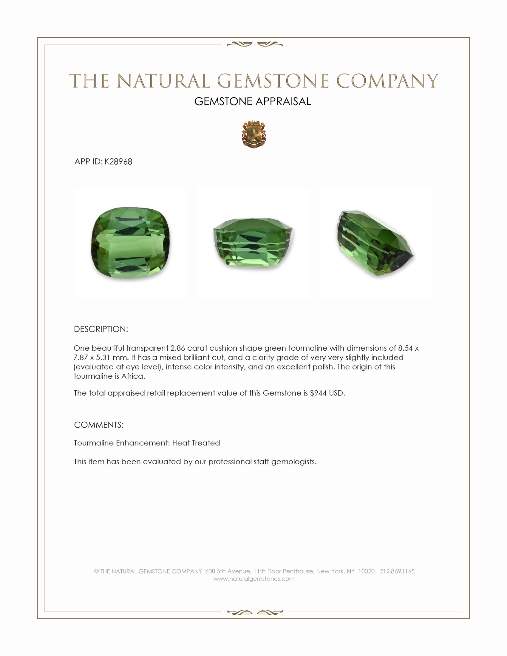 2.86 Ct. Green Tourmaline from Africa