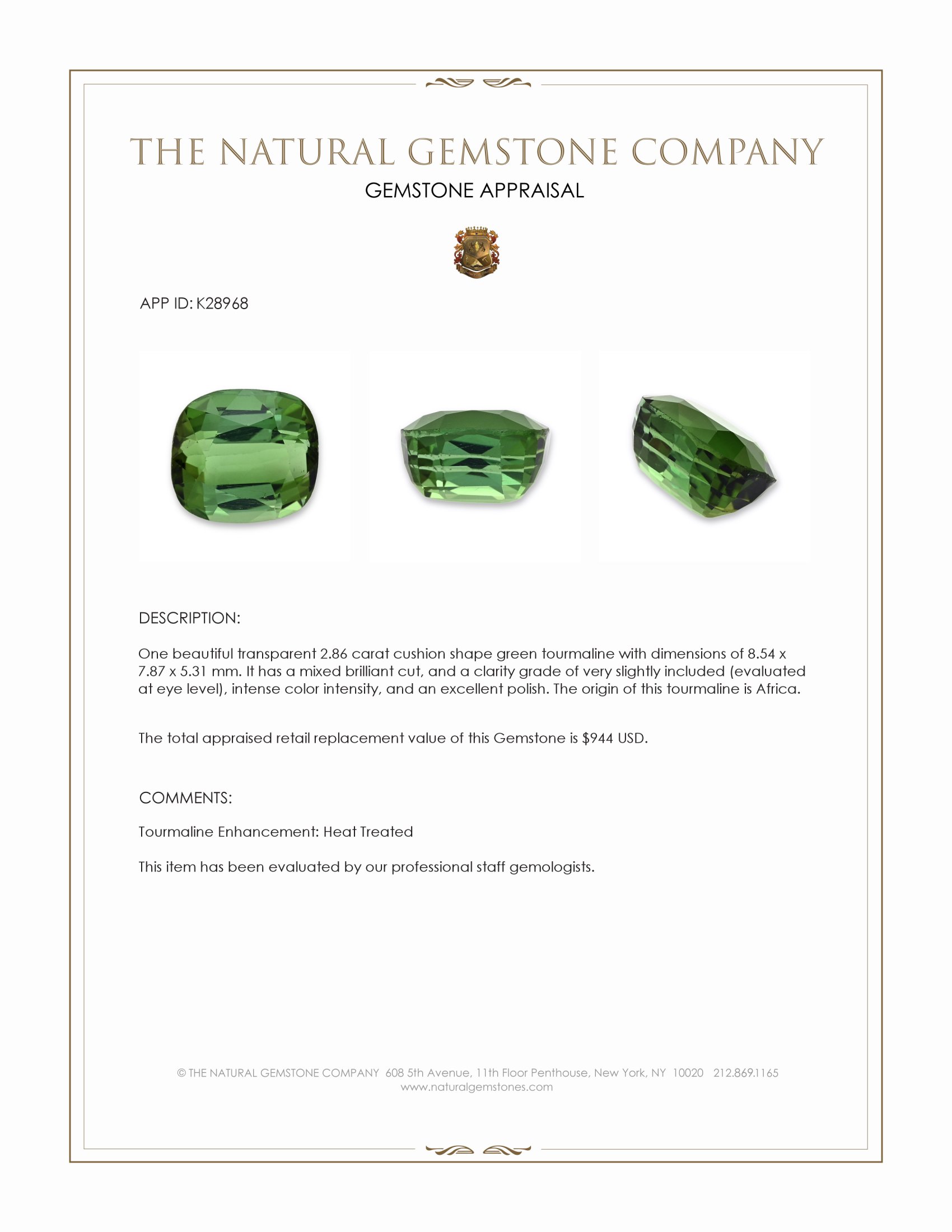 2.86 Ct. Green Tourmaline from Africa
