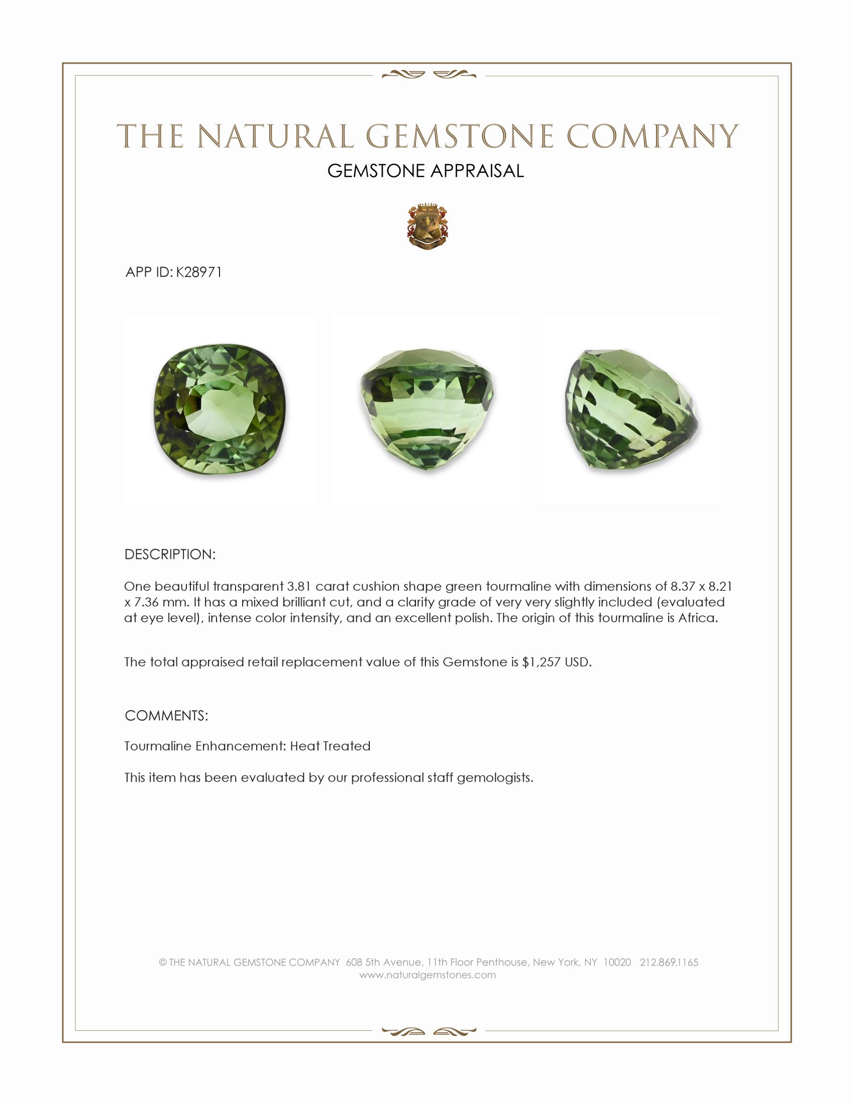 3.81 Ct. Green Tourmaline from Africa