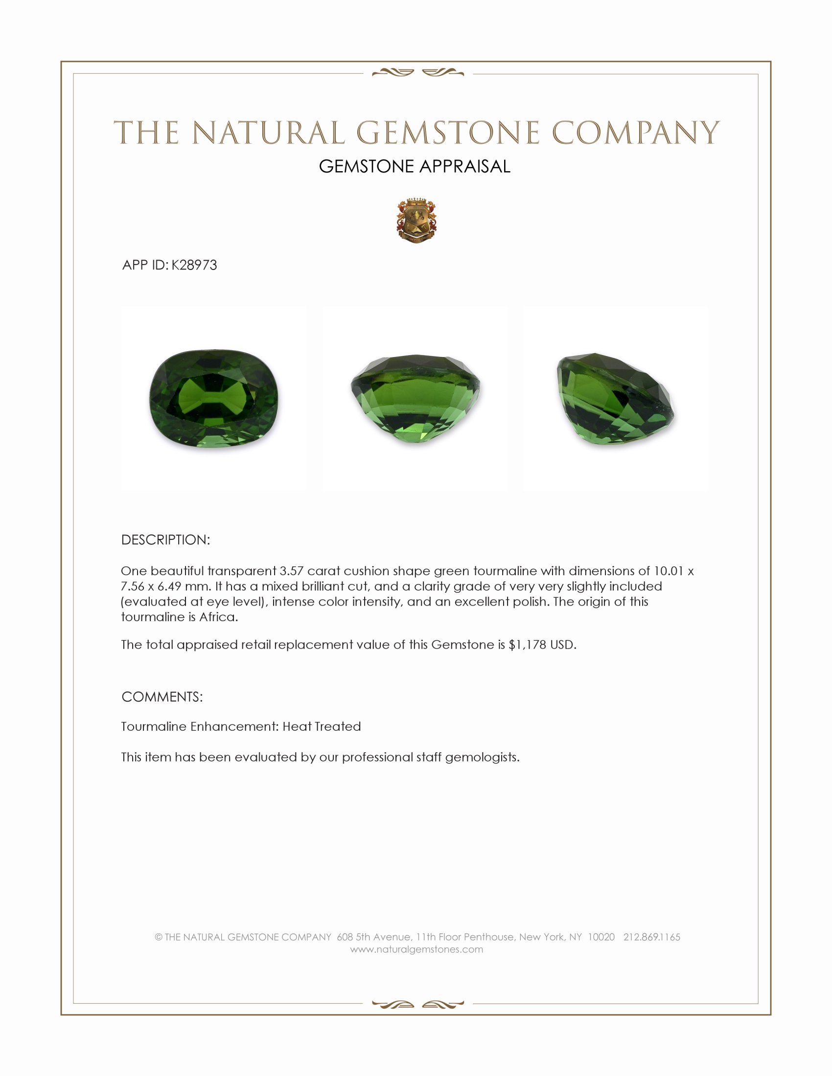 3.57 Ct. Green Tourmaline from Africa