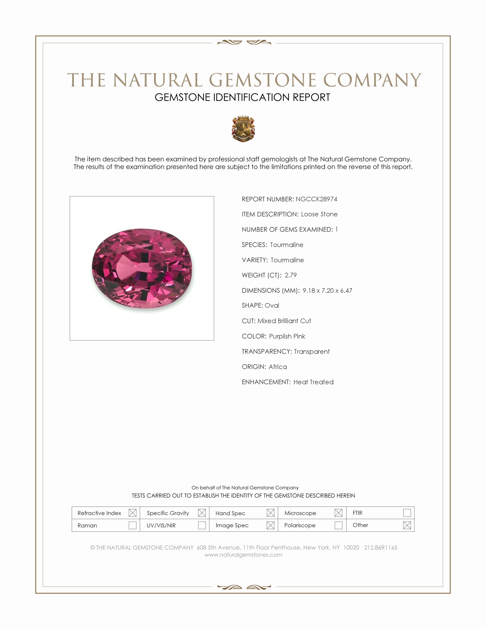 2.79 Ct. Purplish Pink Tourmaline from Africa