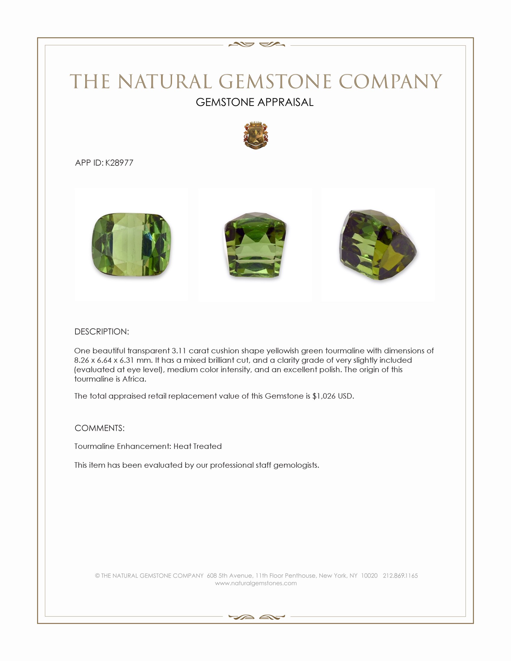3.11 Ct. Yellowish Green Tourmaline from Africa
