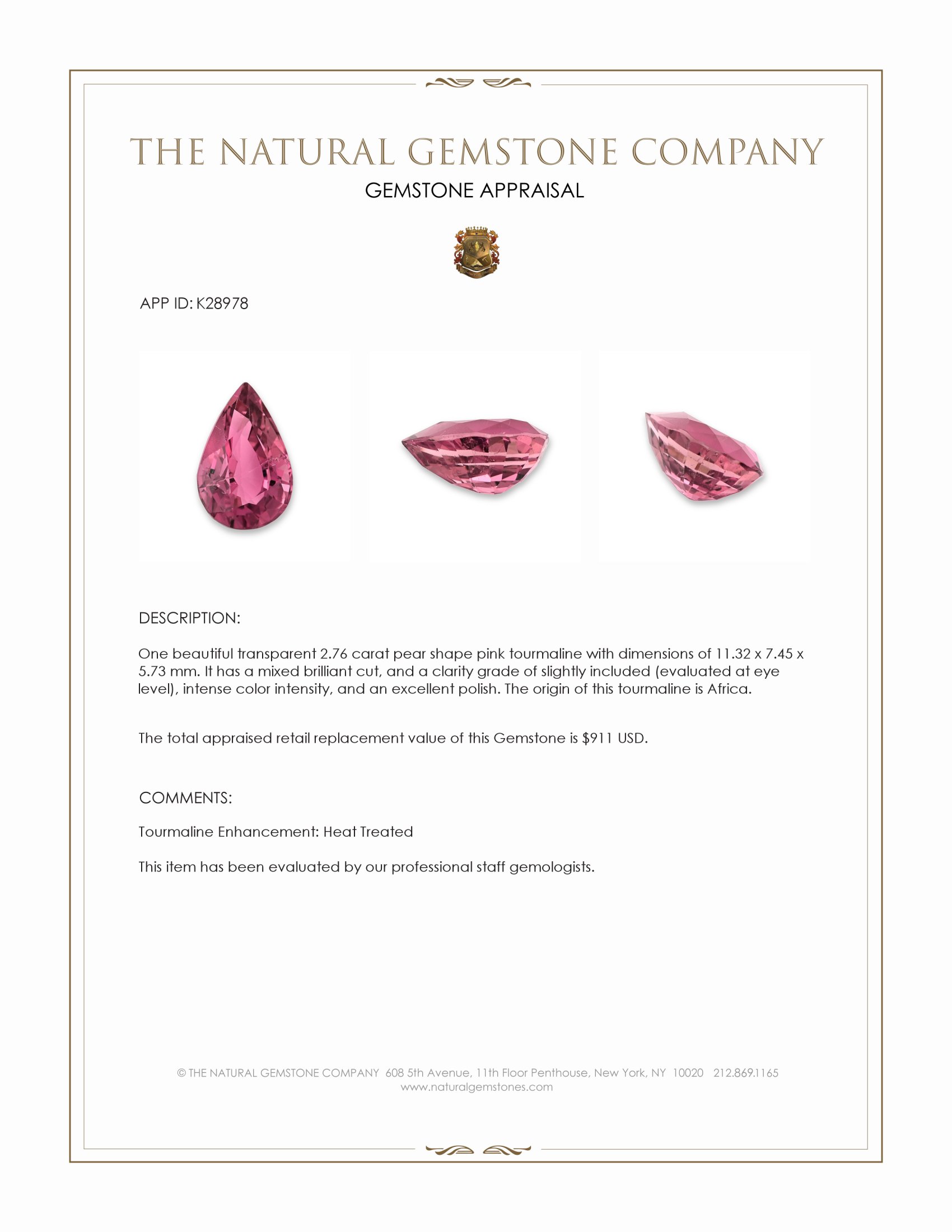 2.76 Ct. Pink Tourmaline from Africa