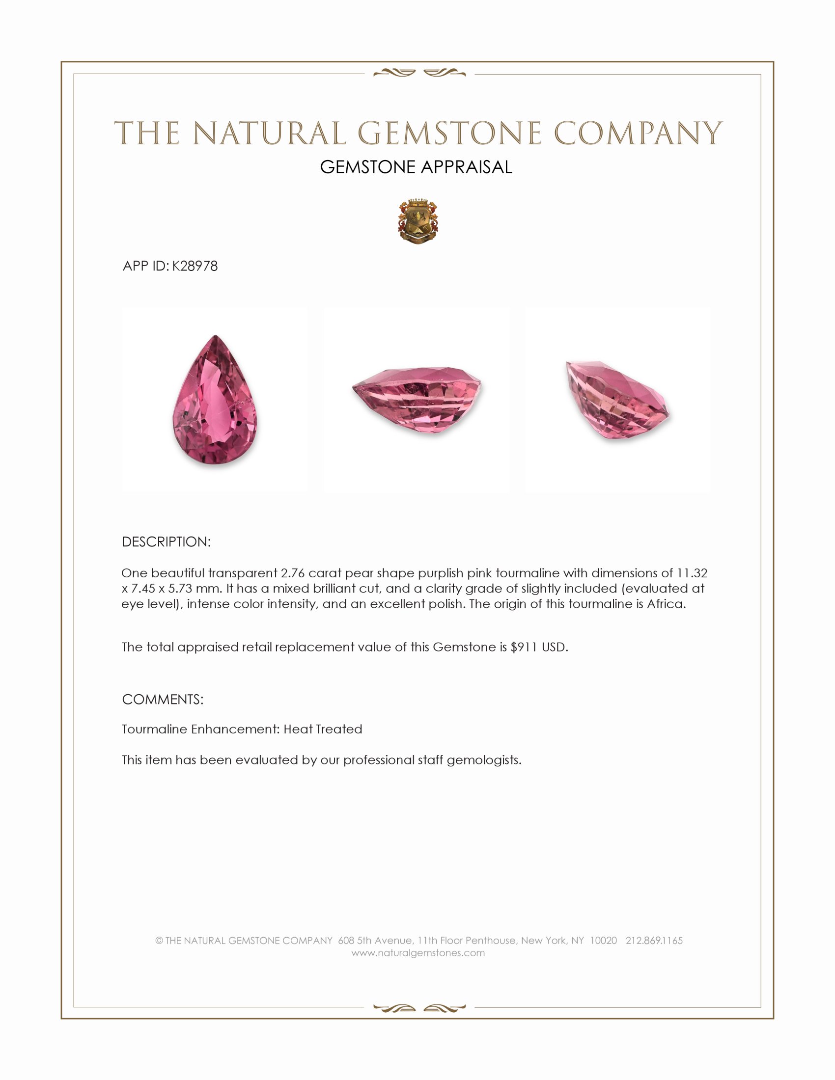 2.76 Ct. Purplish Pink Tourmaline from Africa