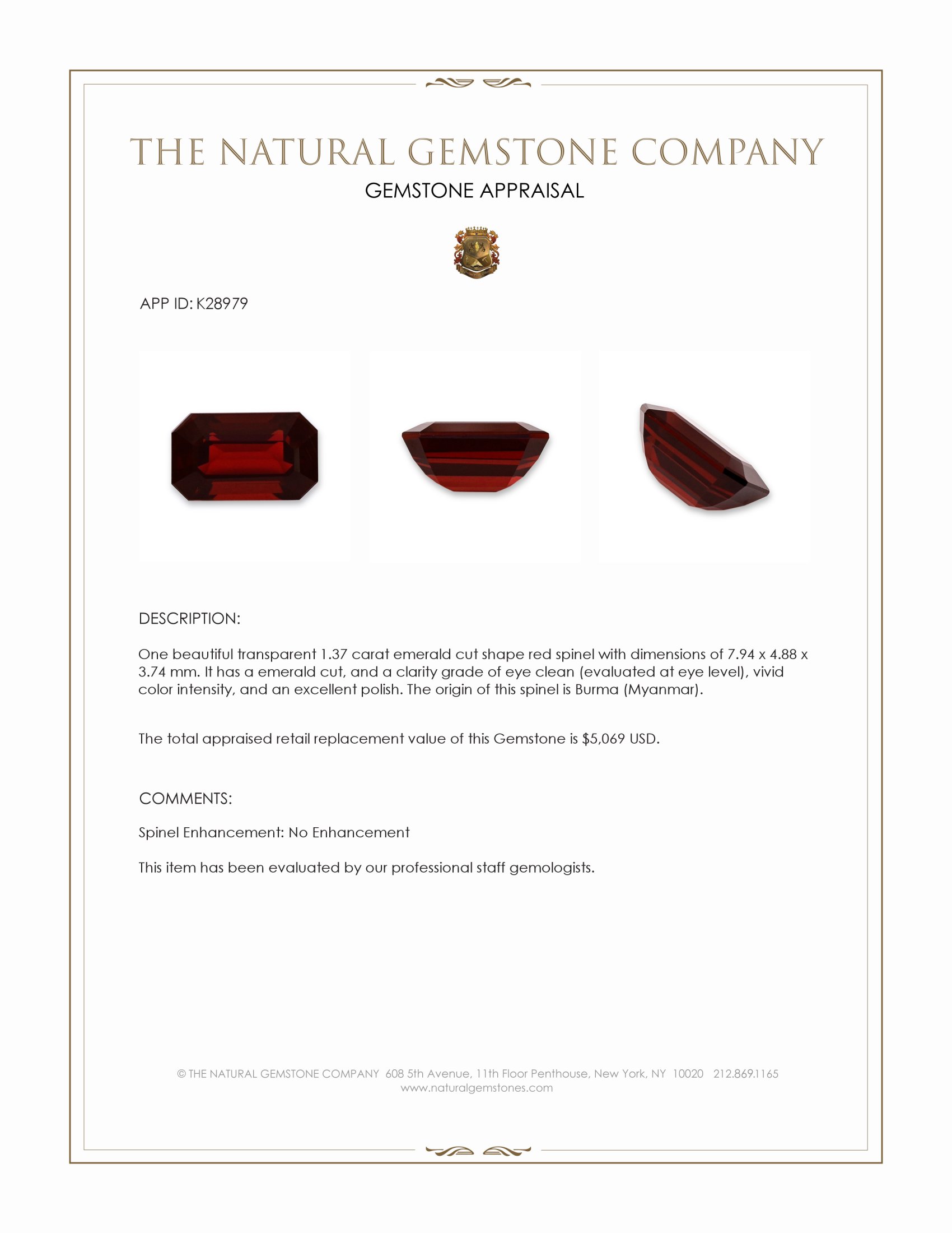 1.37 Ct. Red Spinel from Burma (Myanmar)