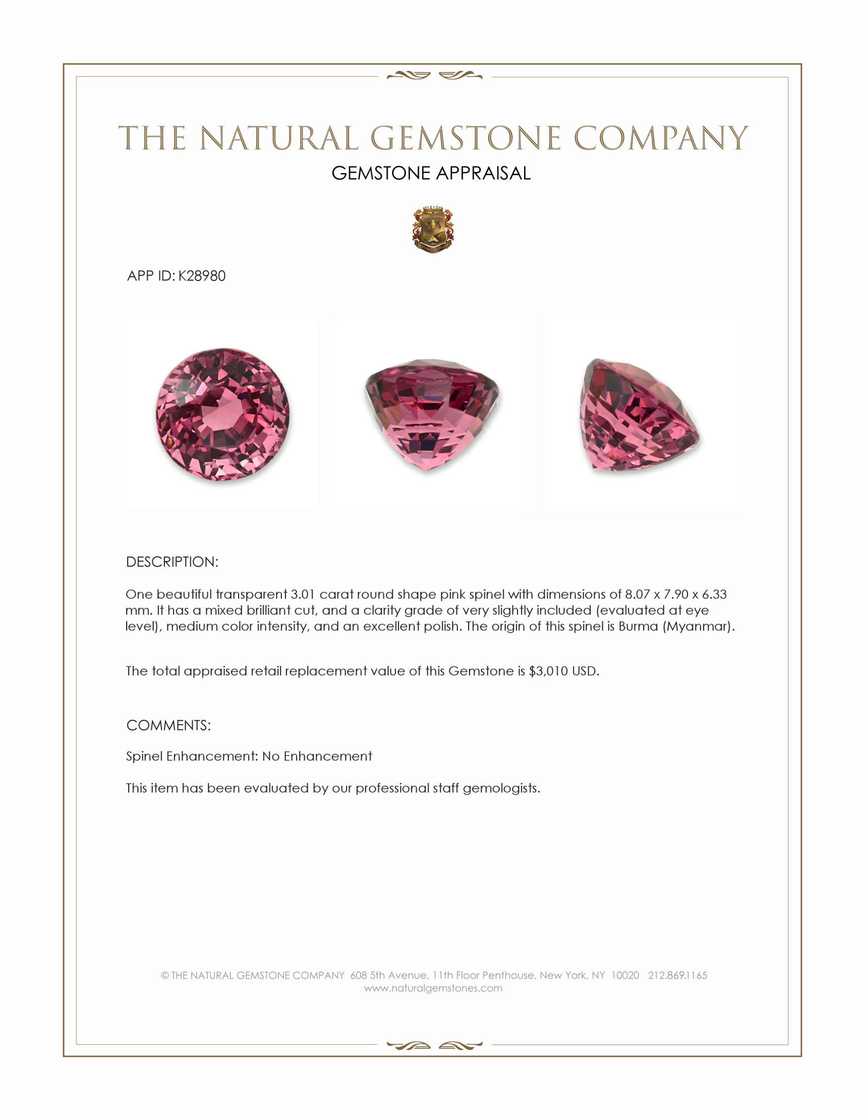 3.01 Ct. Reddish Pink Spinel from Burma (Myanmar)