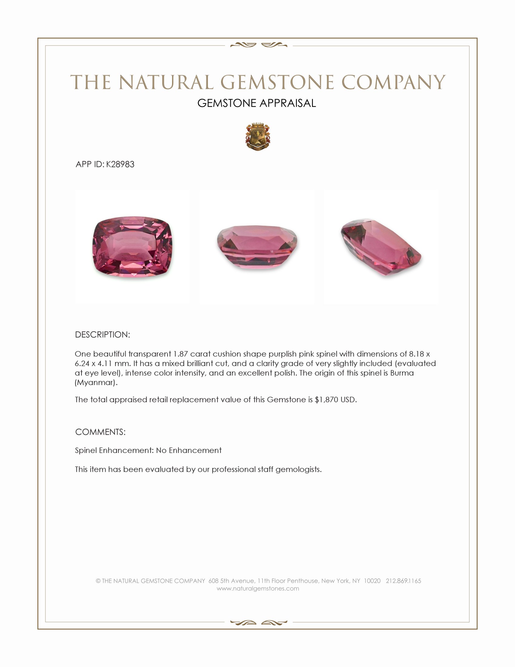 1.87 Ct. Purplish Pink Spinel from Burma (Myanmar)