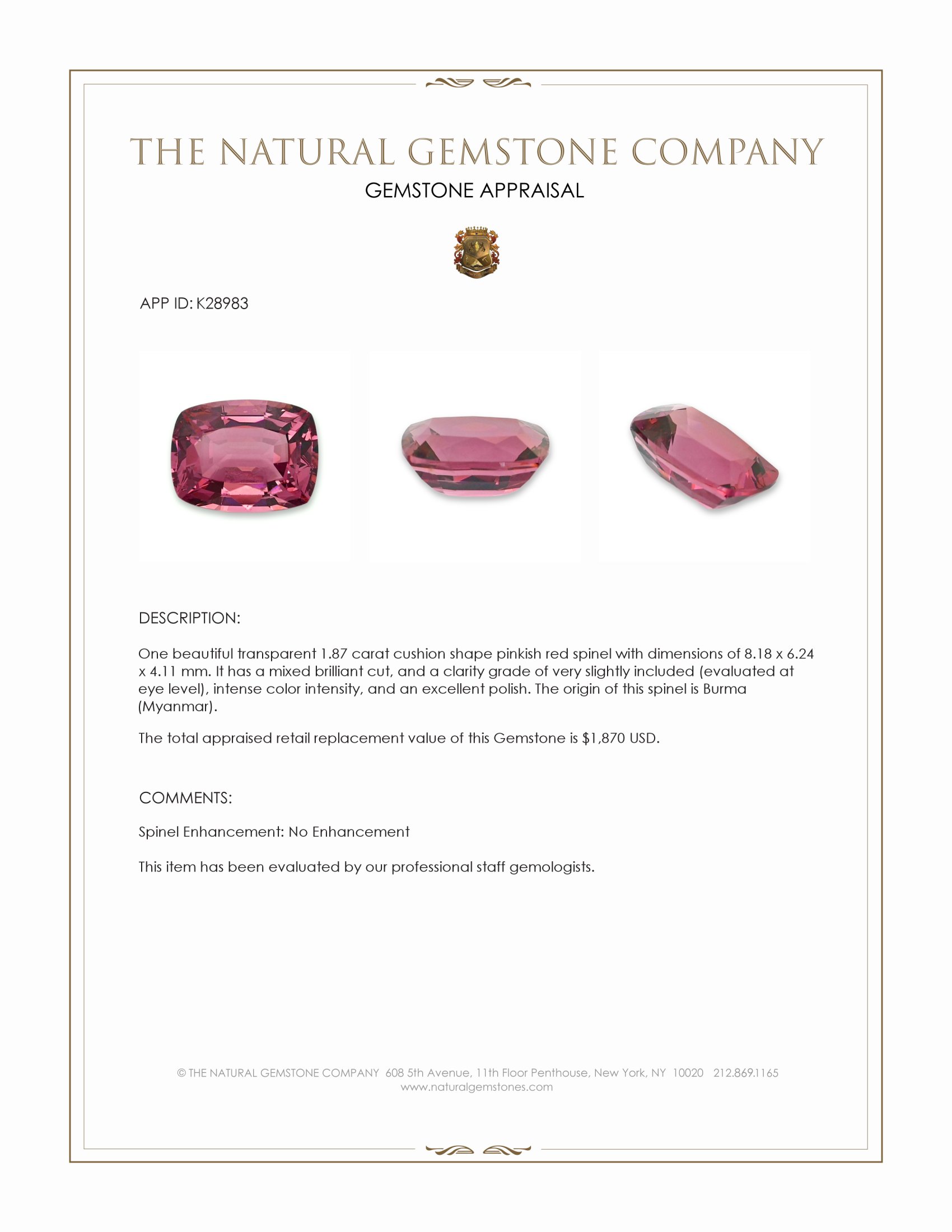 1.87 Ct. Pinkish Red Spinel from Burma (Myanmar)