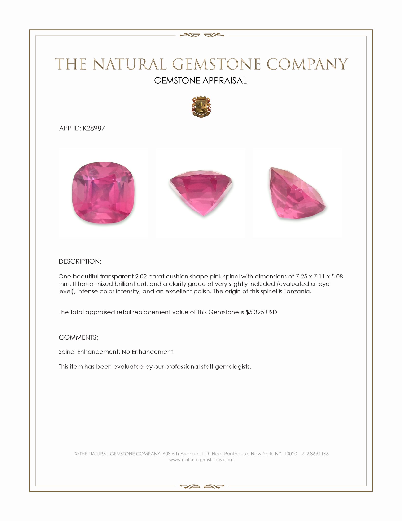 2.02 Ct. Pink Spinel from Tanzania
