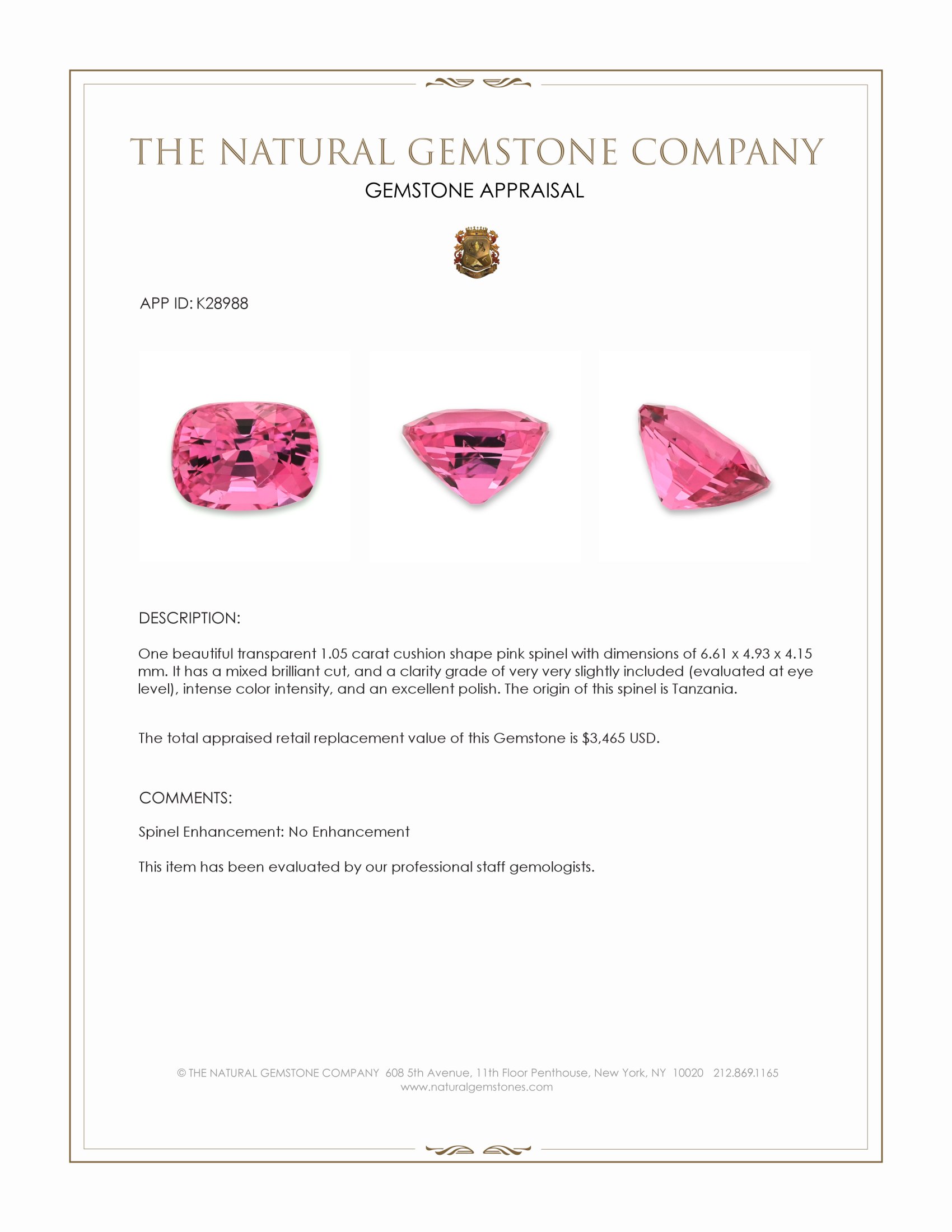 1.05 Ct. Pink Spinel from Tanzania