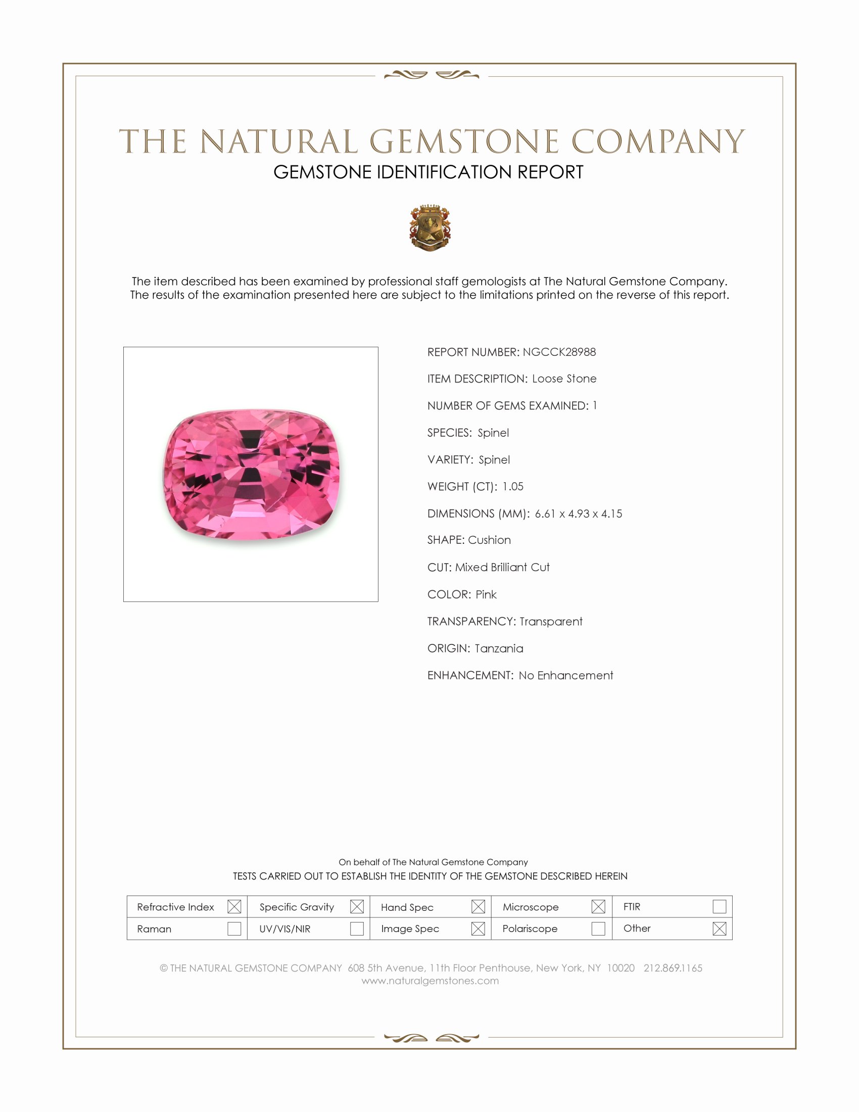 1.05 Ct. Reddish Pink Spinel from Tanzania