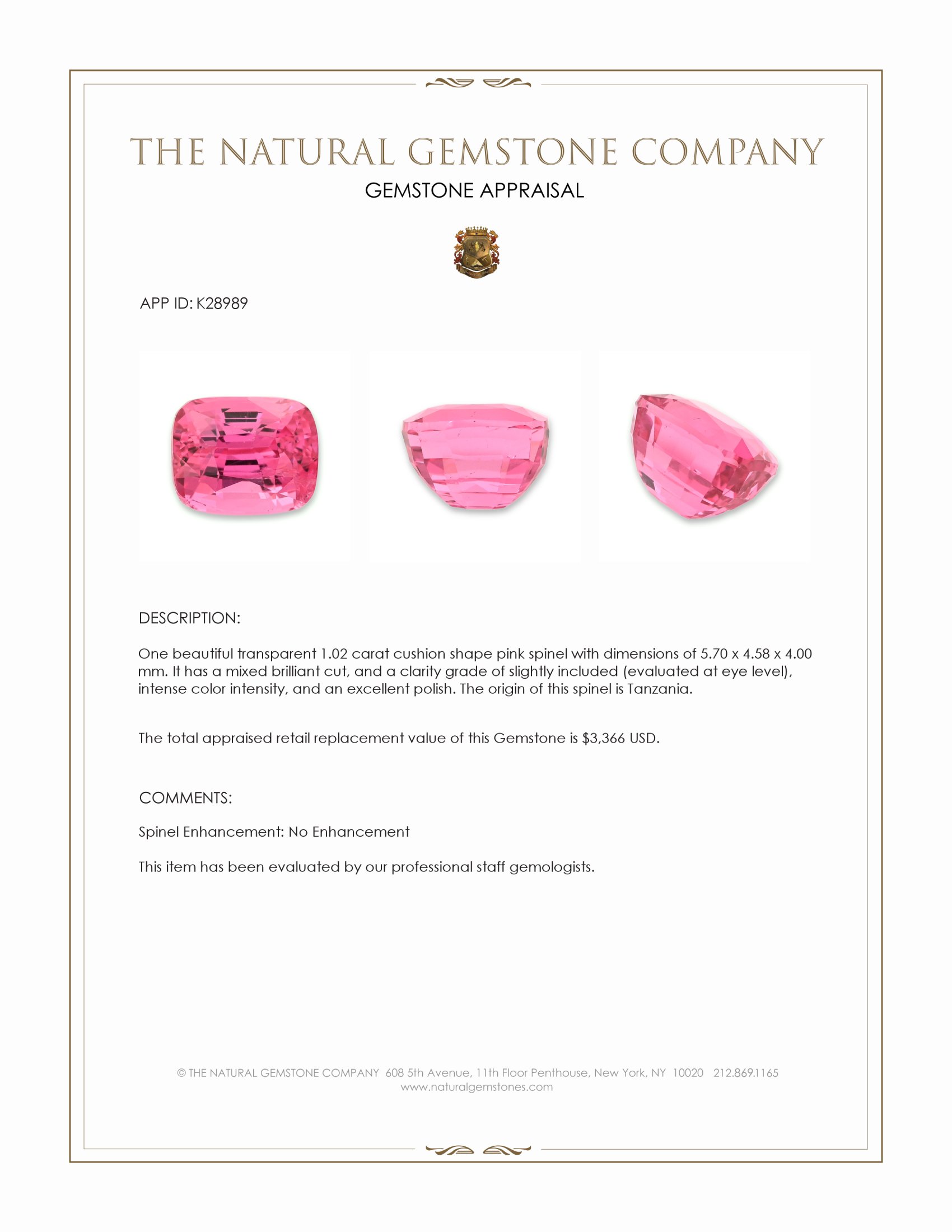 1.02 Ct. Pink Spinel from Tanzania