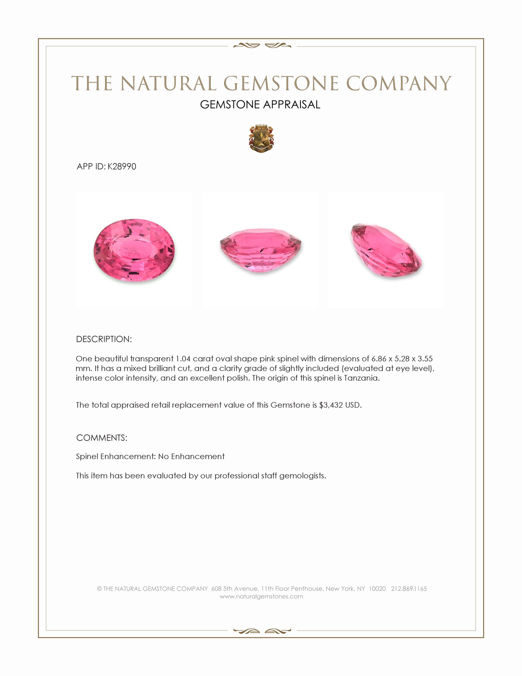 1.04 Ct. Pink Spinel from Tanzania