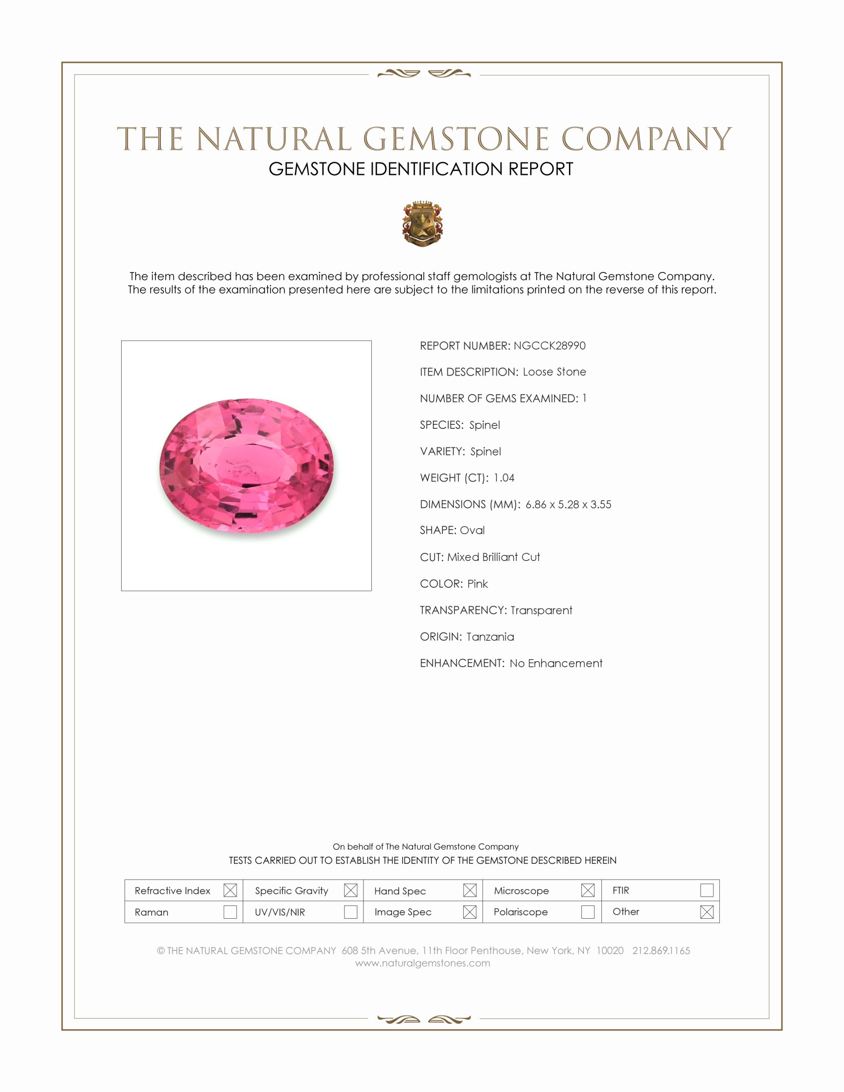 1.04 Ct. Pink Spinel from Tanzania