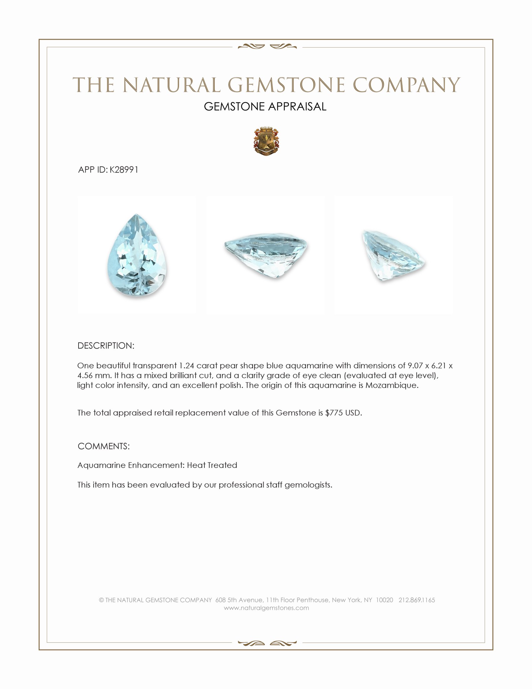 1.24 Ct. Blue Aquamarine from Mozambique