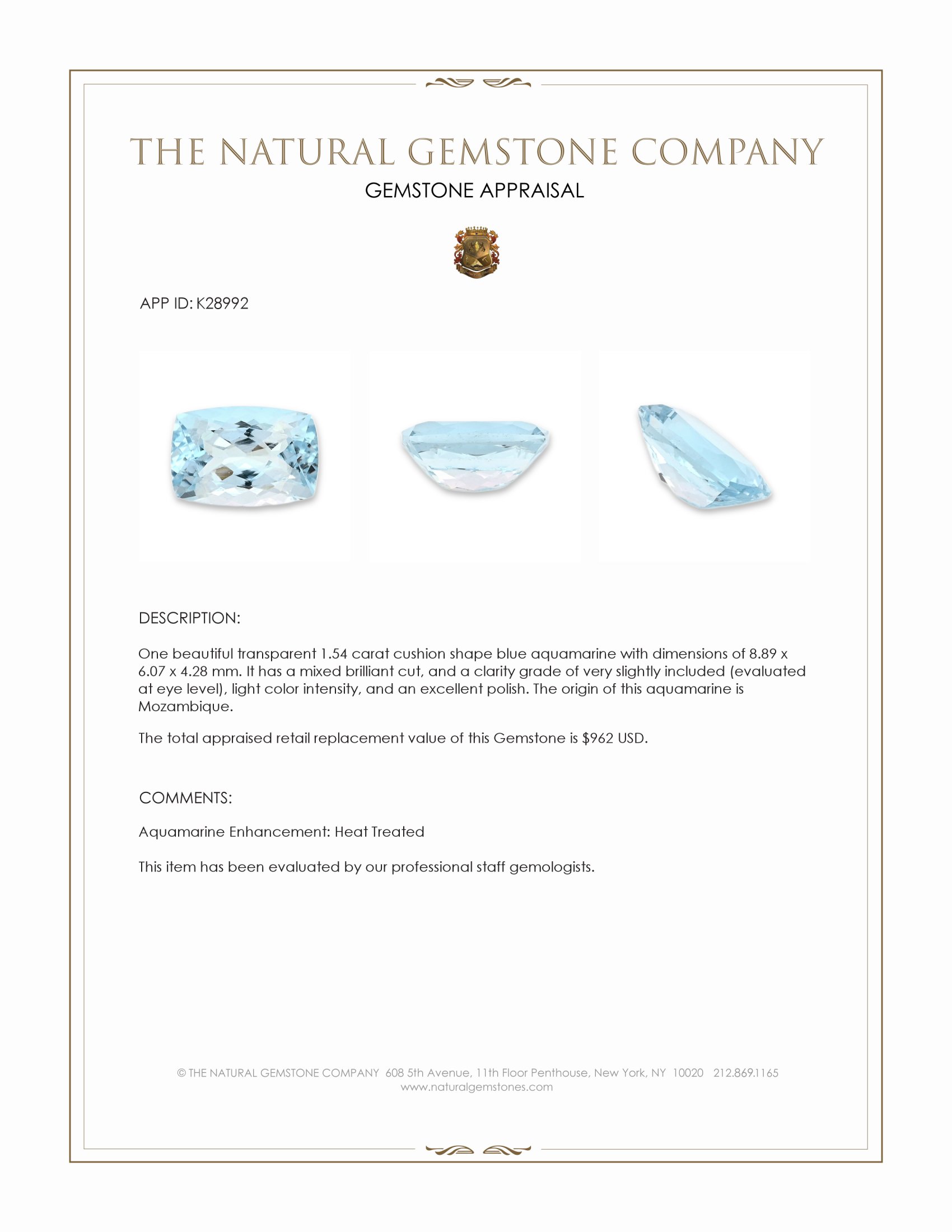 1.54 Ct. Blue Aquamarine from Mozambique