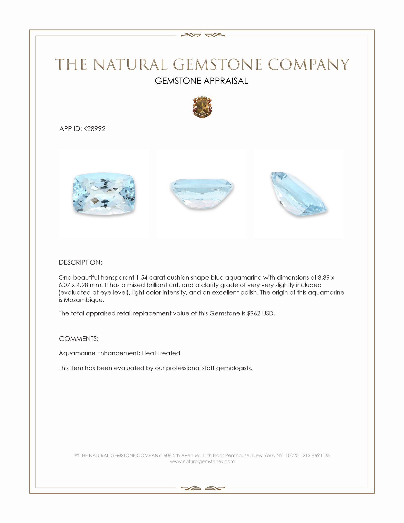 1.54 Ct. Blue Aquamarine from Mozambique