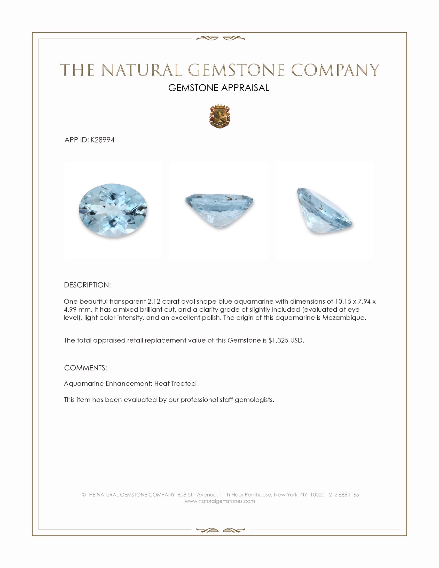 2.12 Ct. Blue Aquamarine from Mozambique