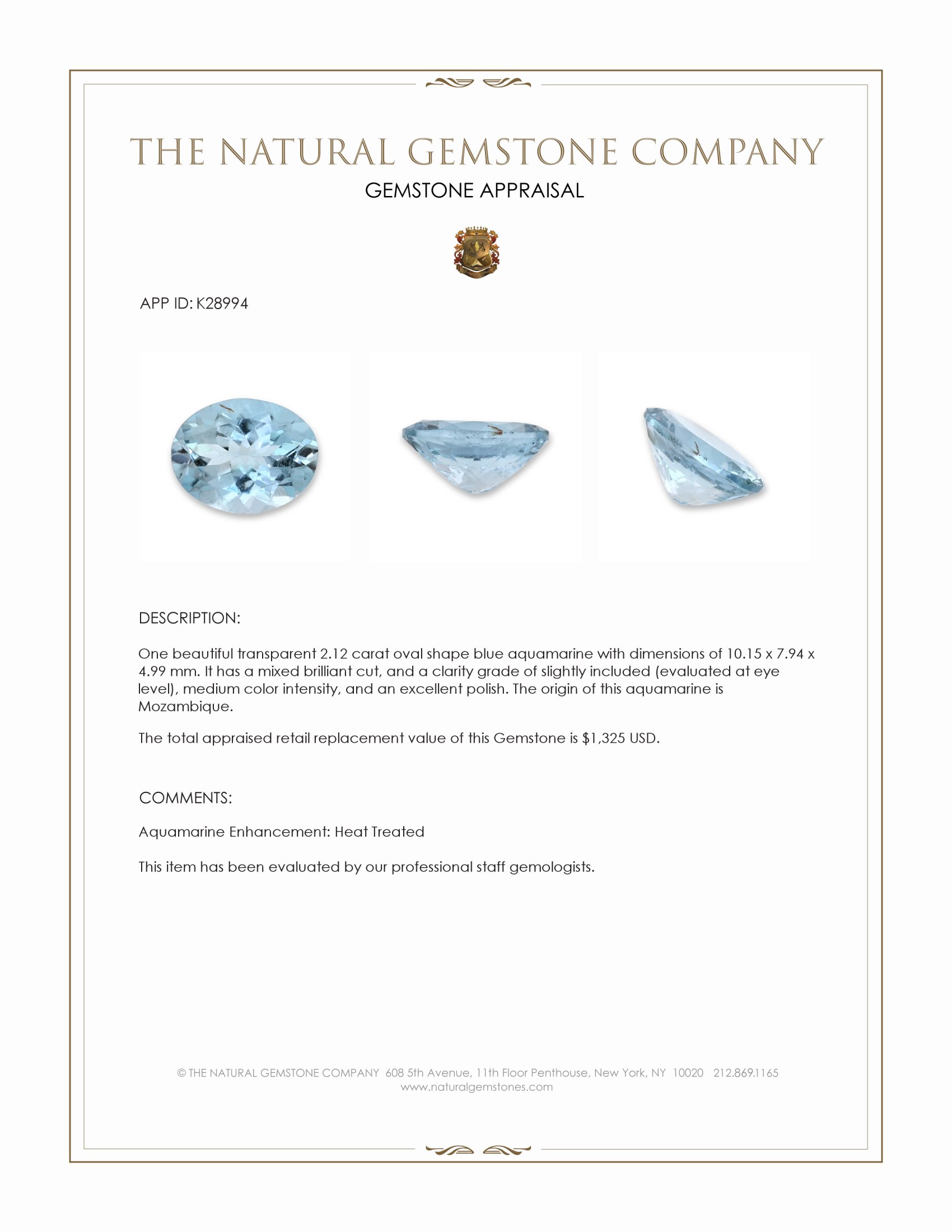 2.12 Ct. Blue Aquamarine from Mozambique